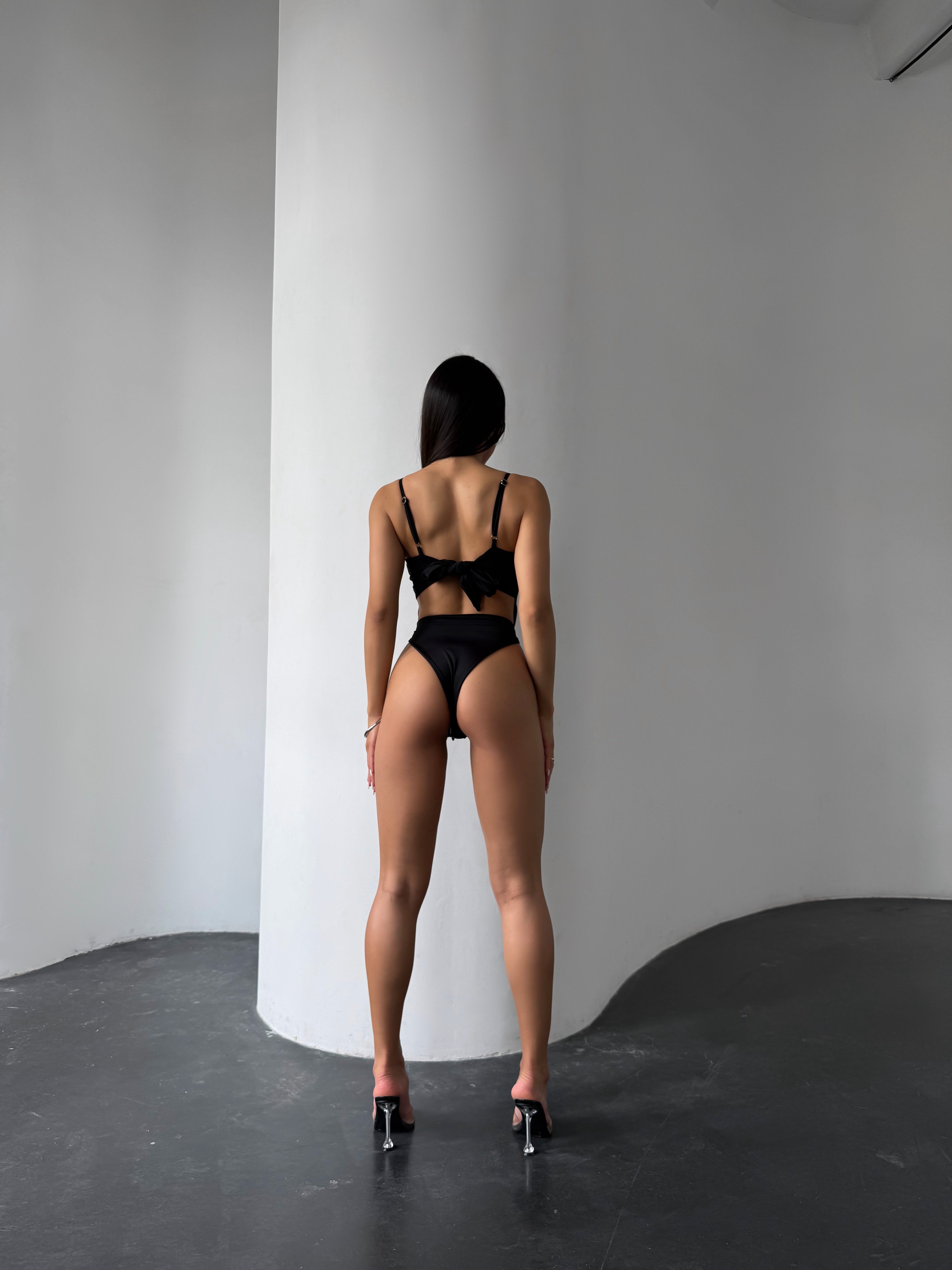 Noir Tie Waist Extra High Cut One Piece in Black