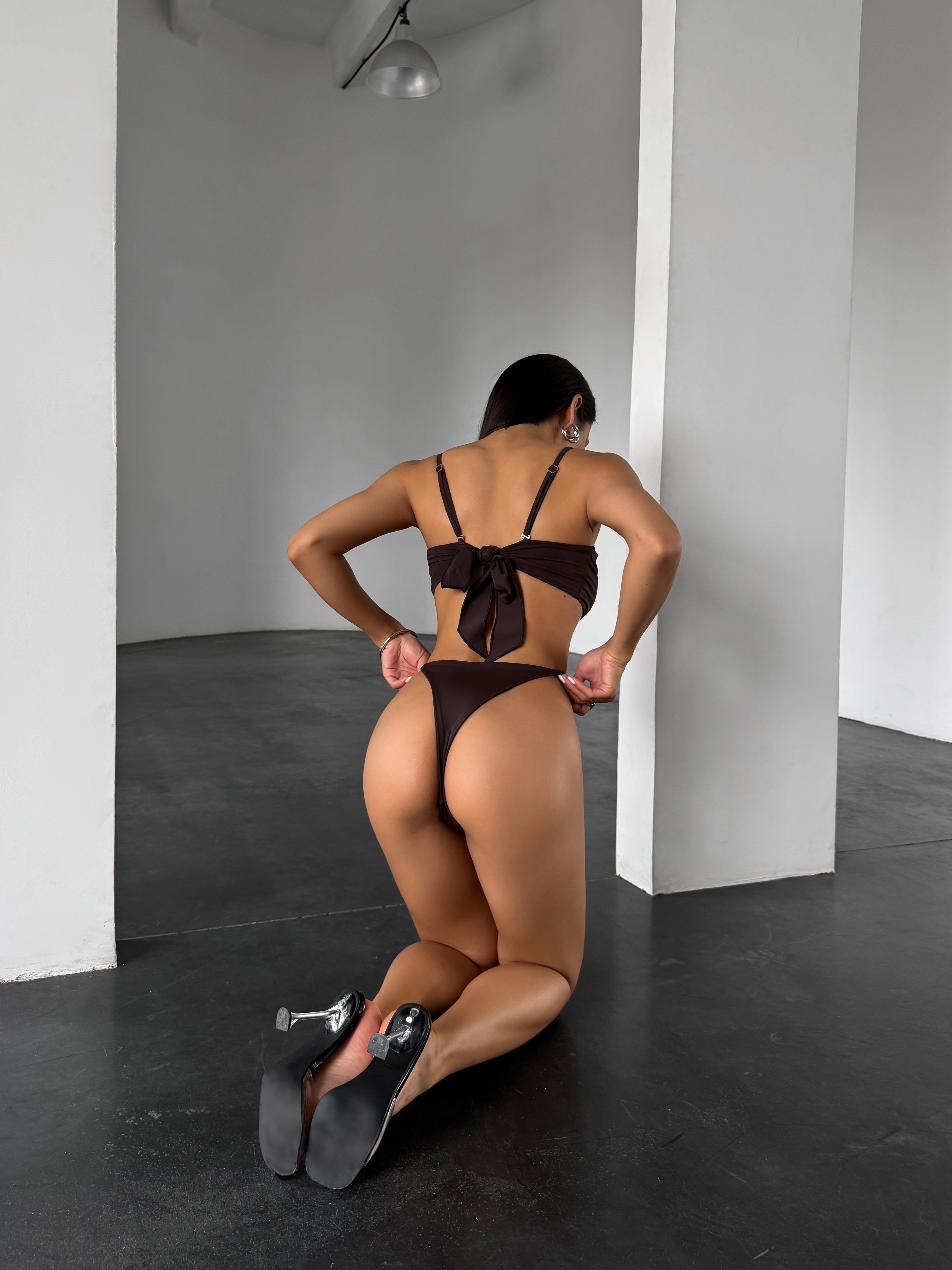 Cherry U Ring Detail Bandeau Bikini Set in Chocolate