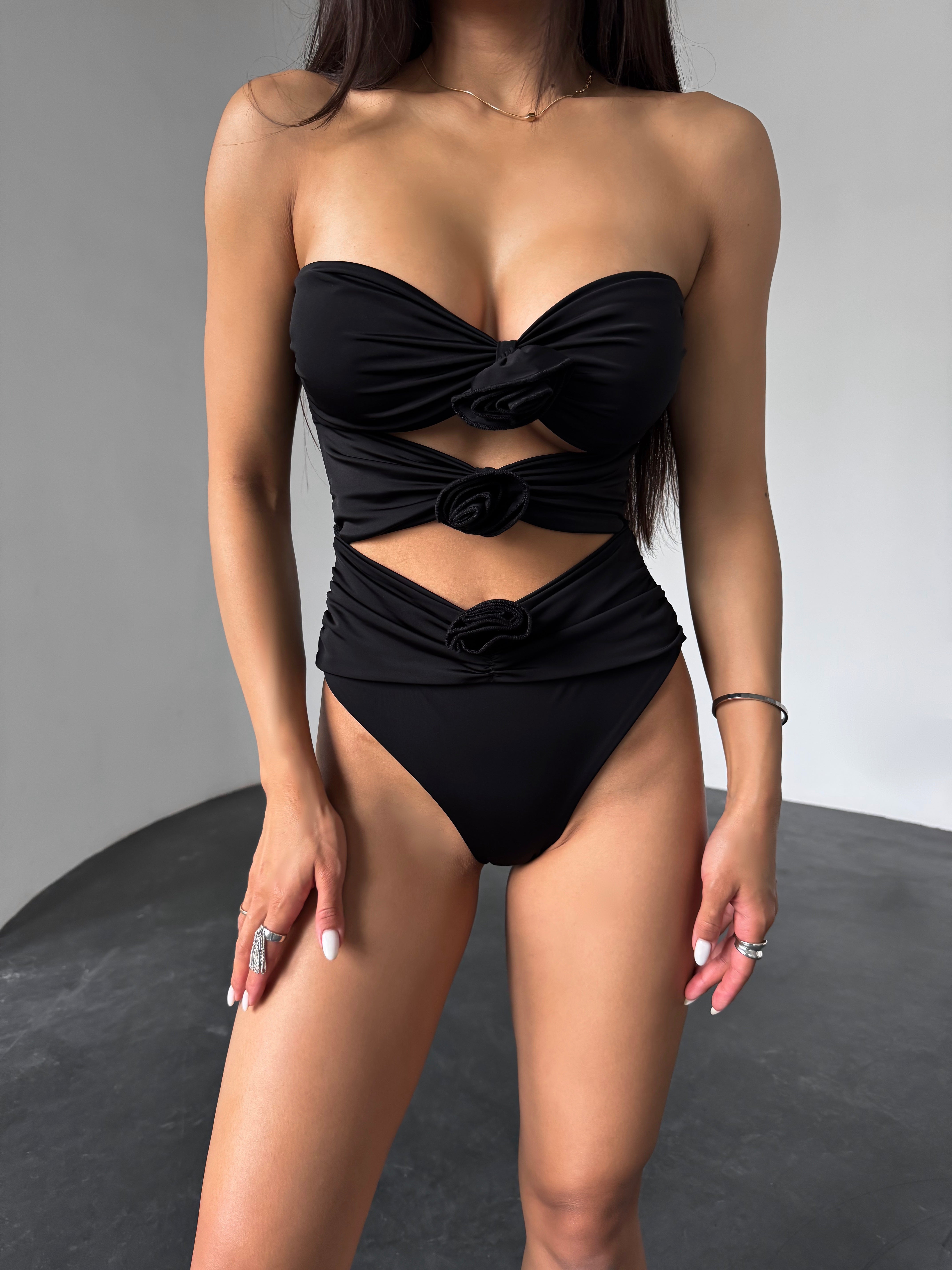 Fleur Ruched Cut Out One Piece with Beach Skirt in Black