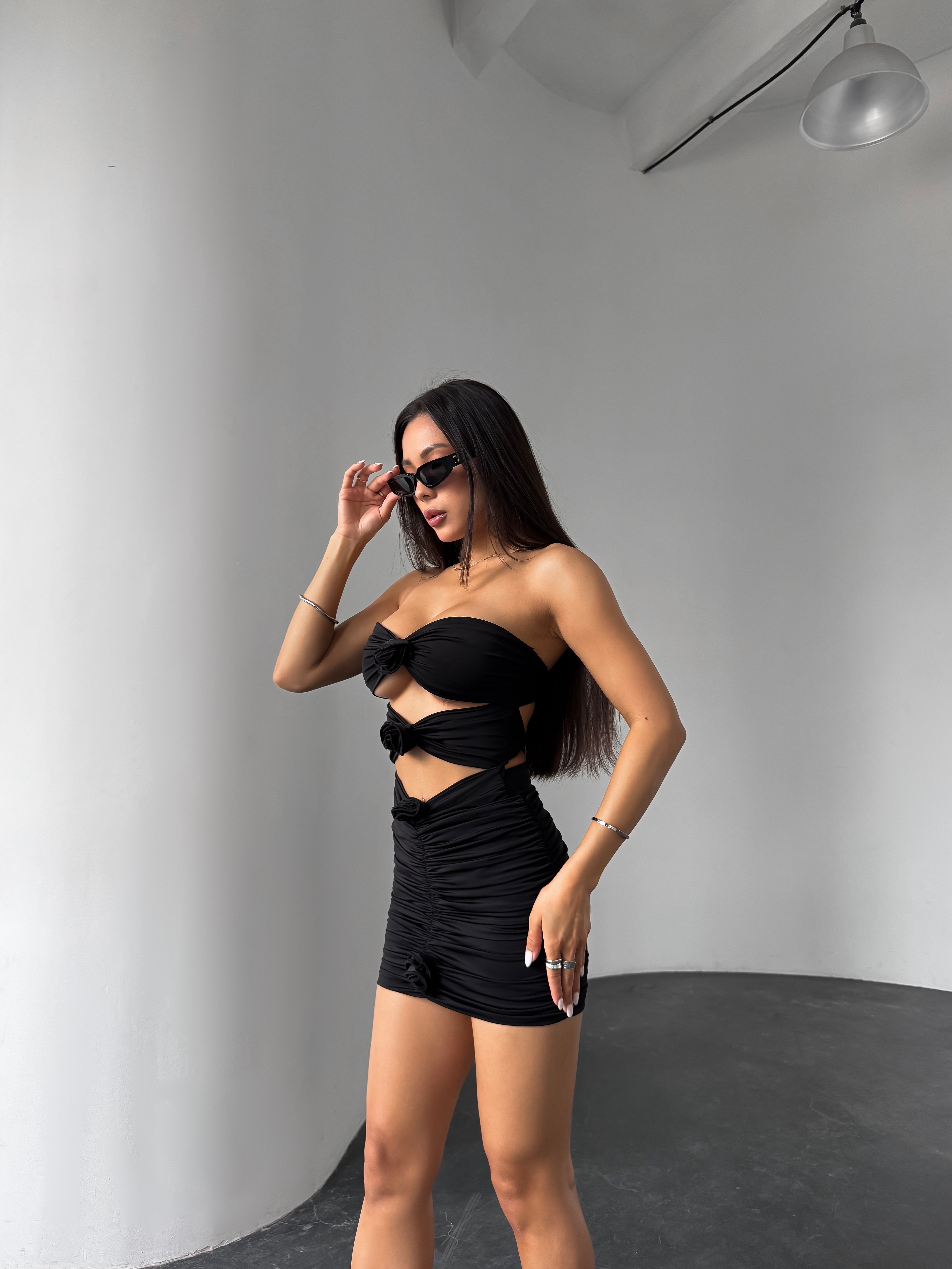 Fleur Ruched Cut Out One Piece with Beach Skirt in Black