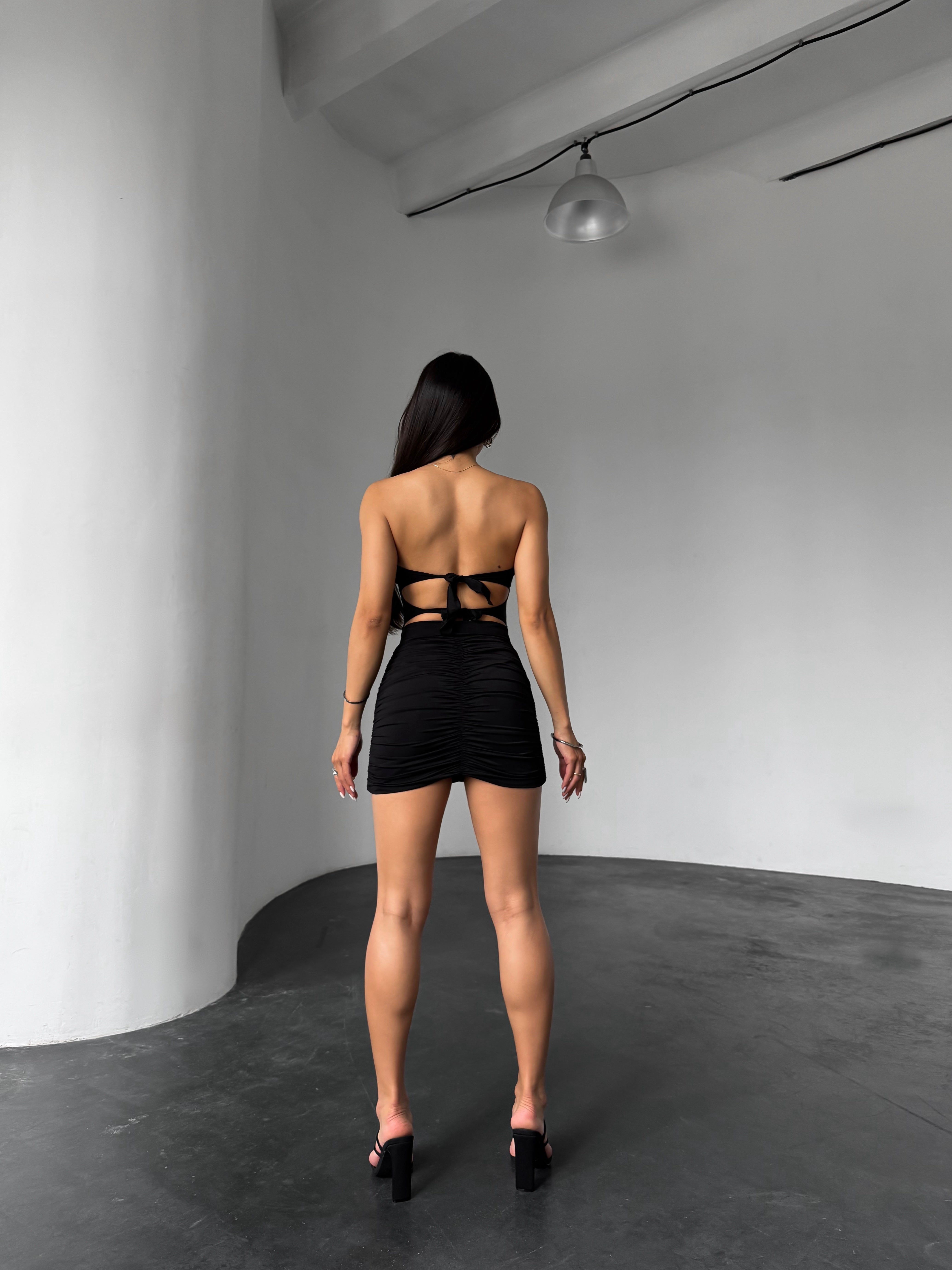 Fleur Ruched Cut Out One Piece with Beach Skirt in Black