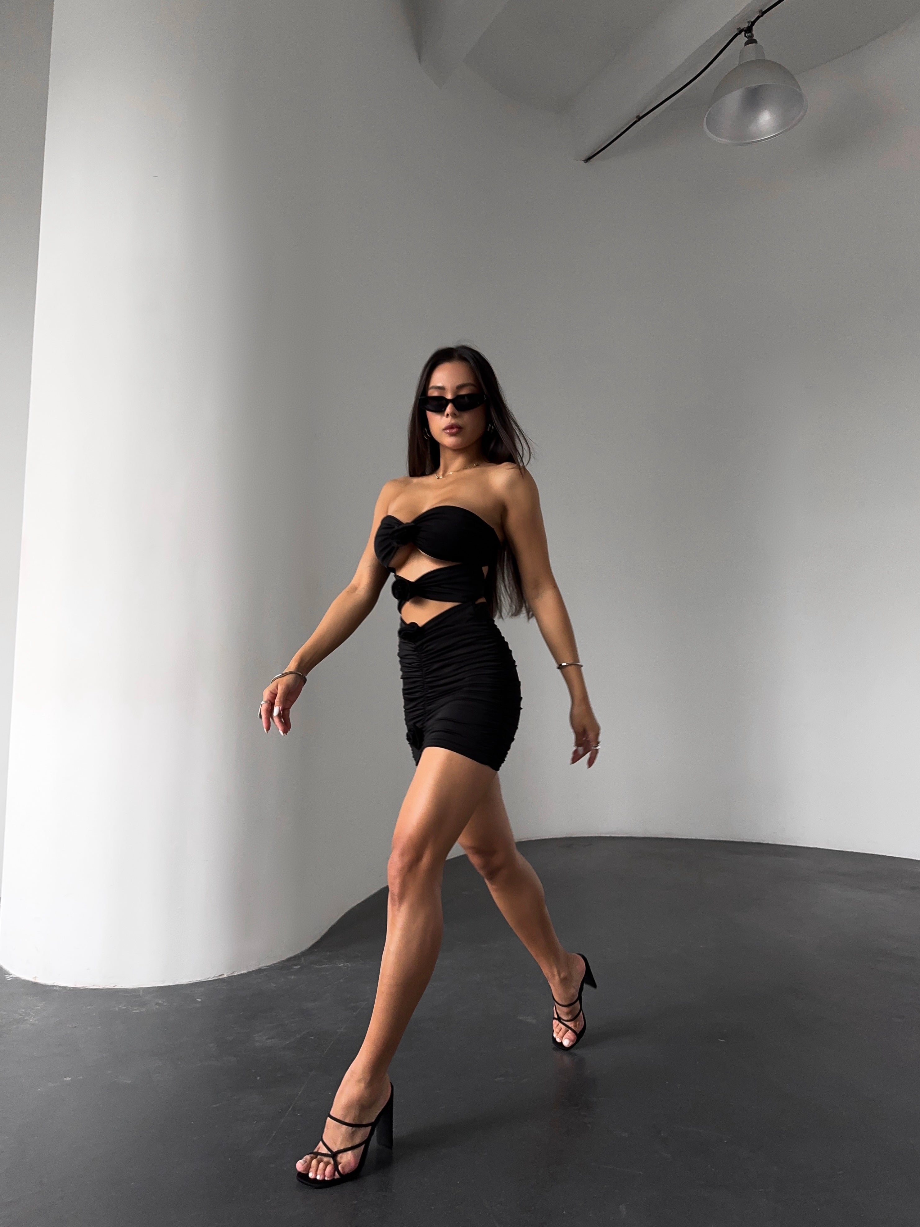 Fleur Ruched Cut Out One Piece with Beach Skirt in Black