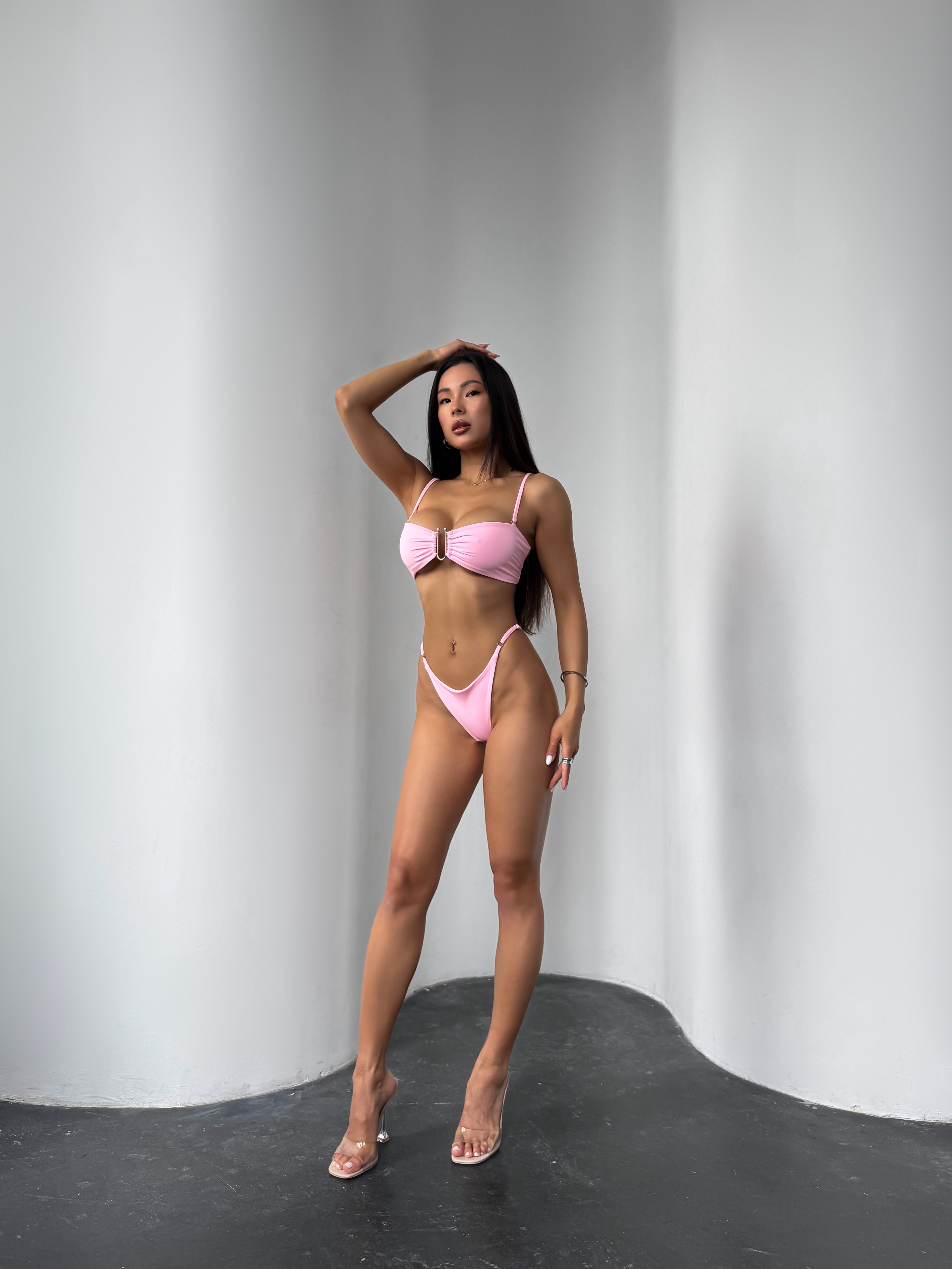 Cherry U Ring Detail Bandeau Bikini Set in Pink