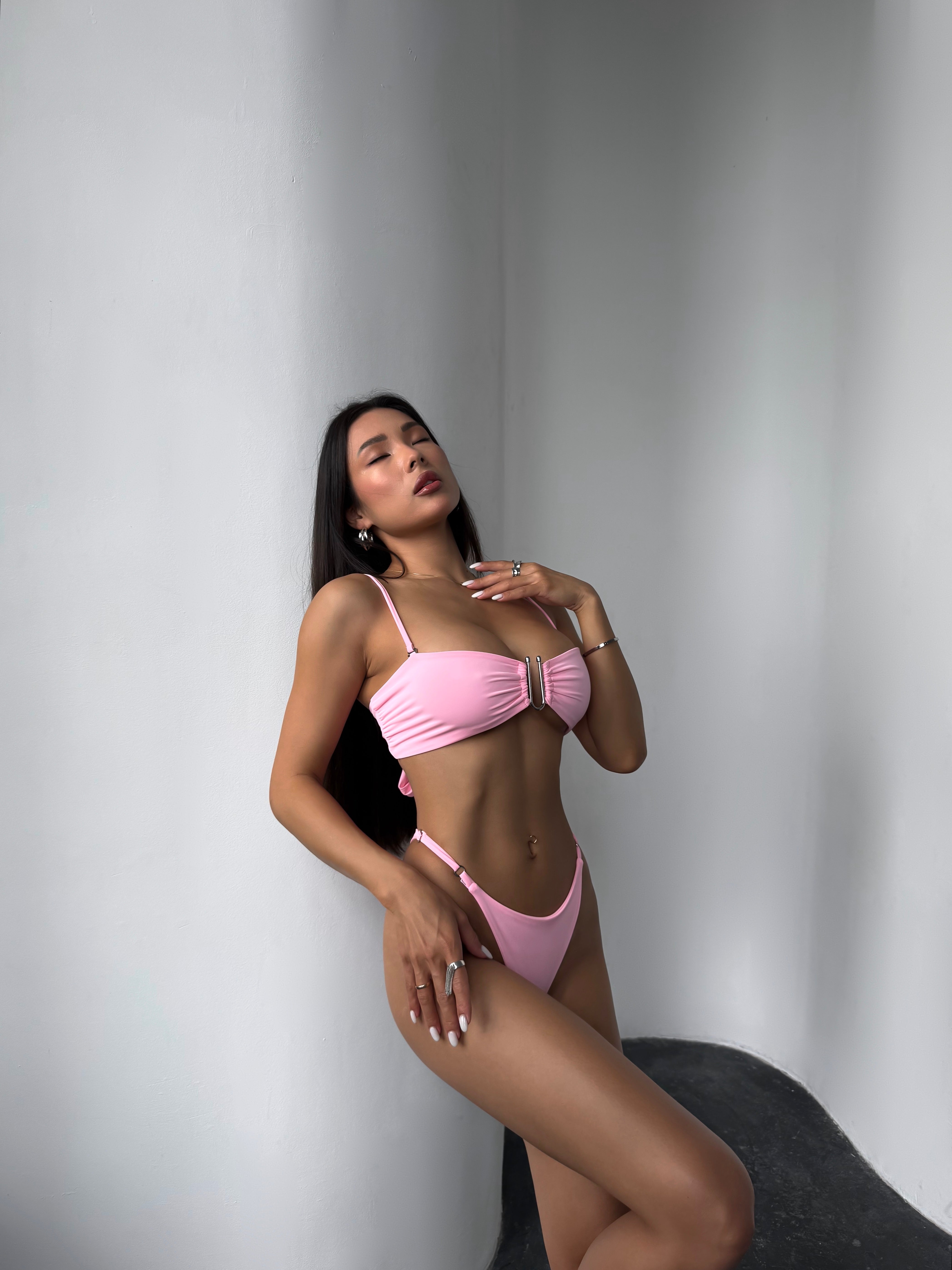 Cherry U Ring Detail Bandeau Bikini Set in Pink