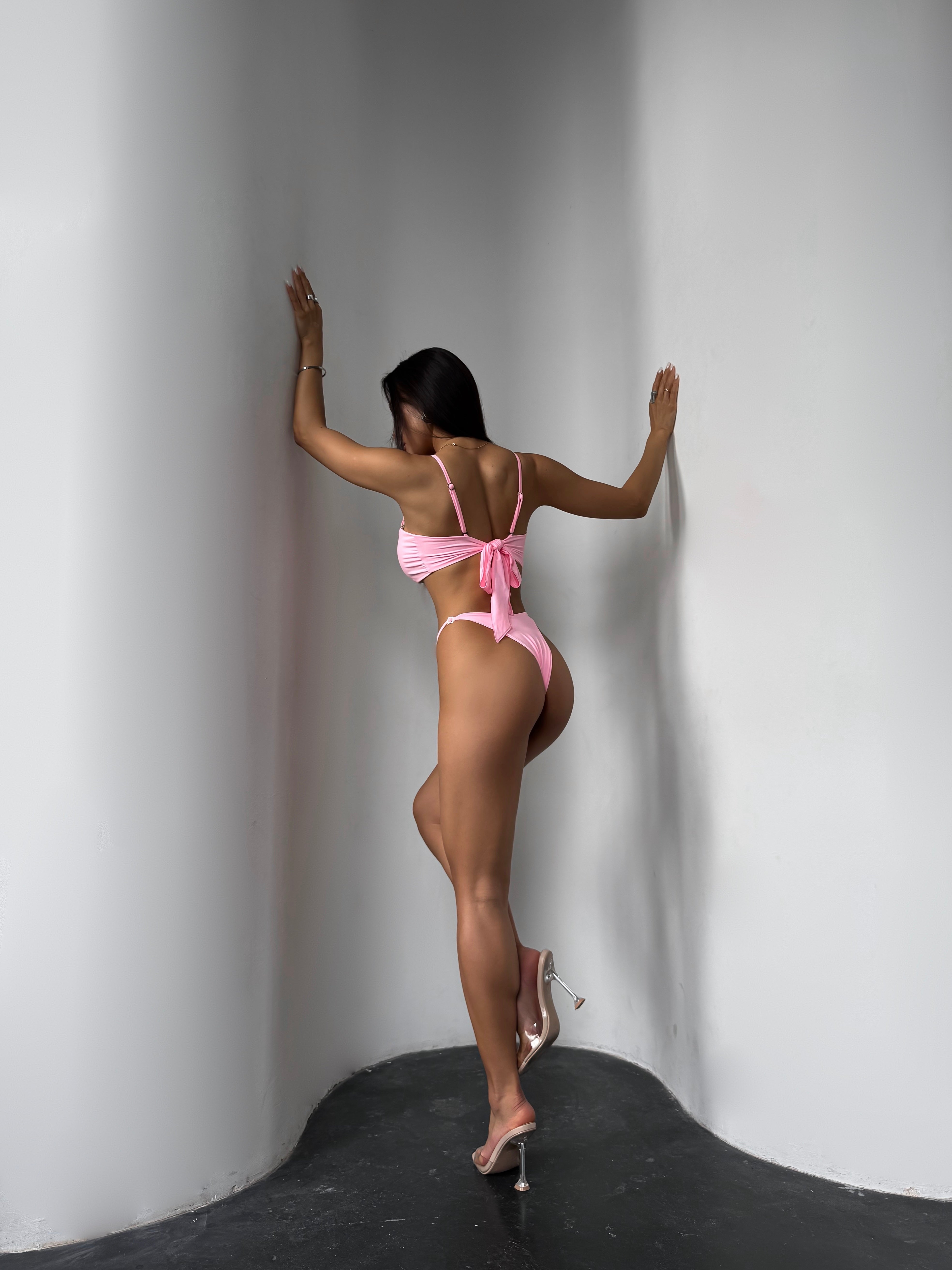 Cherry U Ring Detail Bandeau Bikini Set in Pink