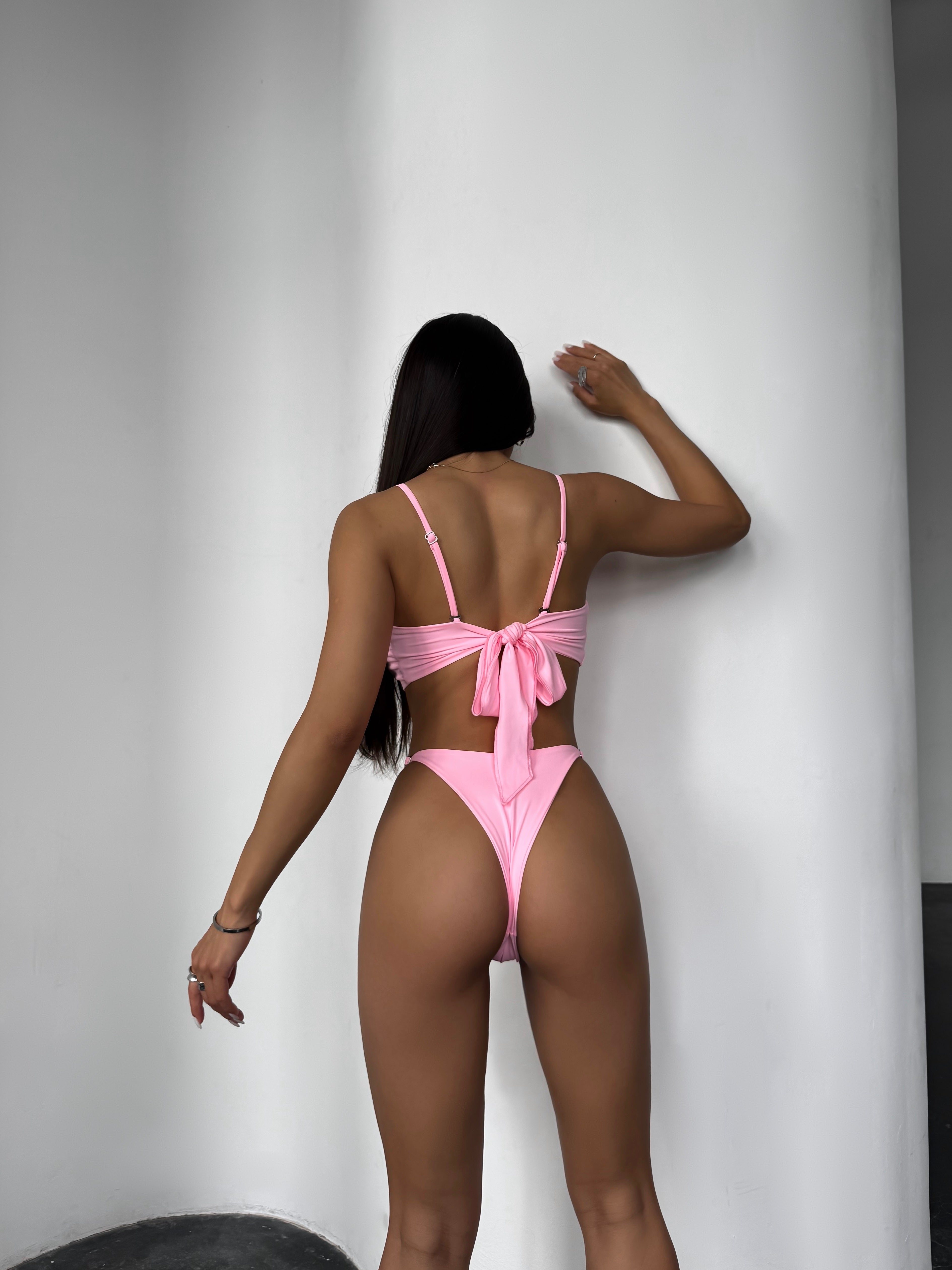 Cherry U Ring Detail Bandeau Bikini Set in Pink