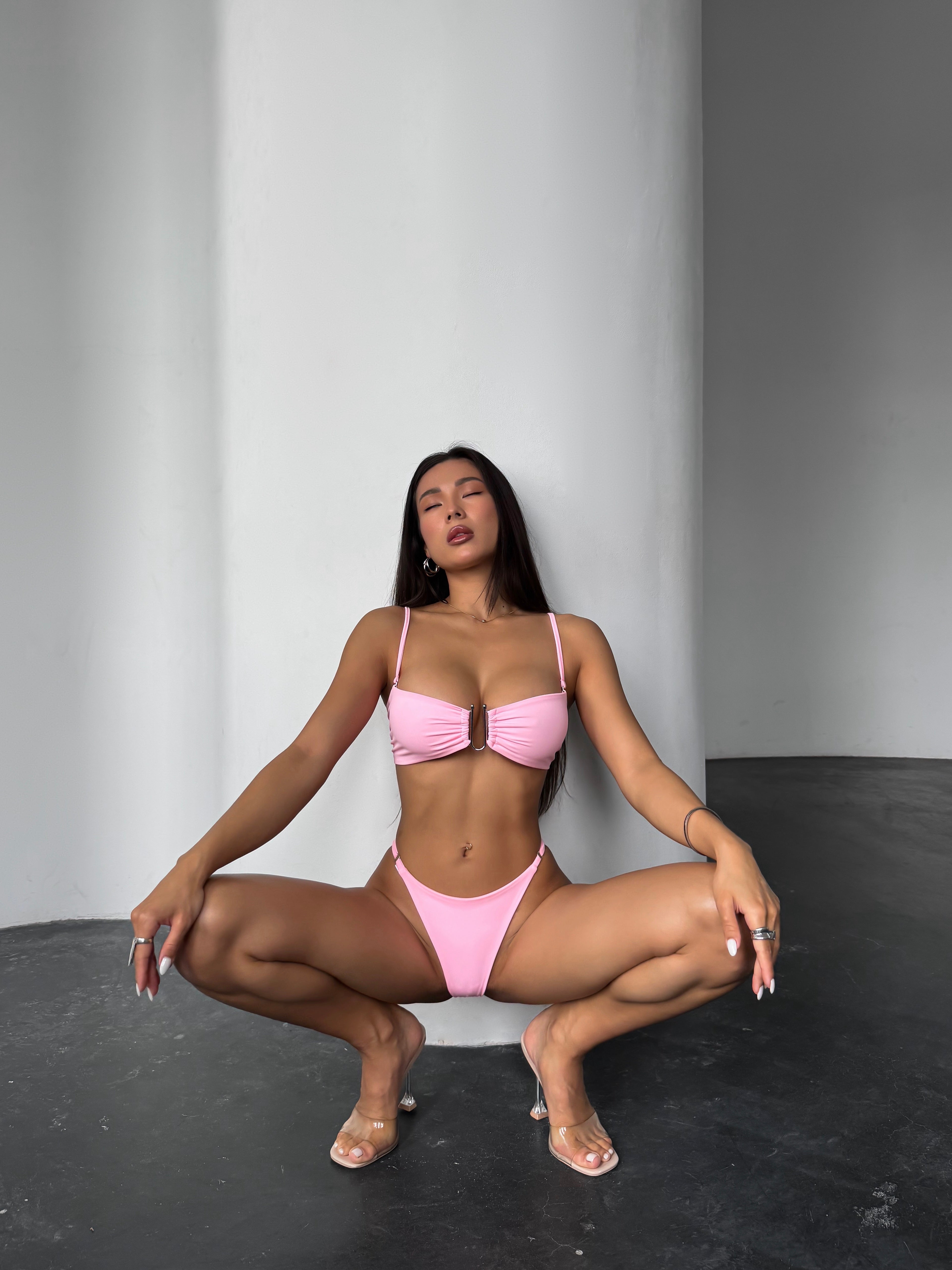 Cherry U Ring Detail Bandeau Bikini Set in Pink