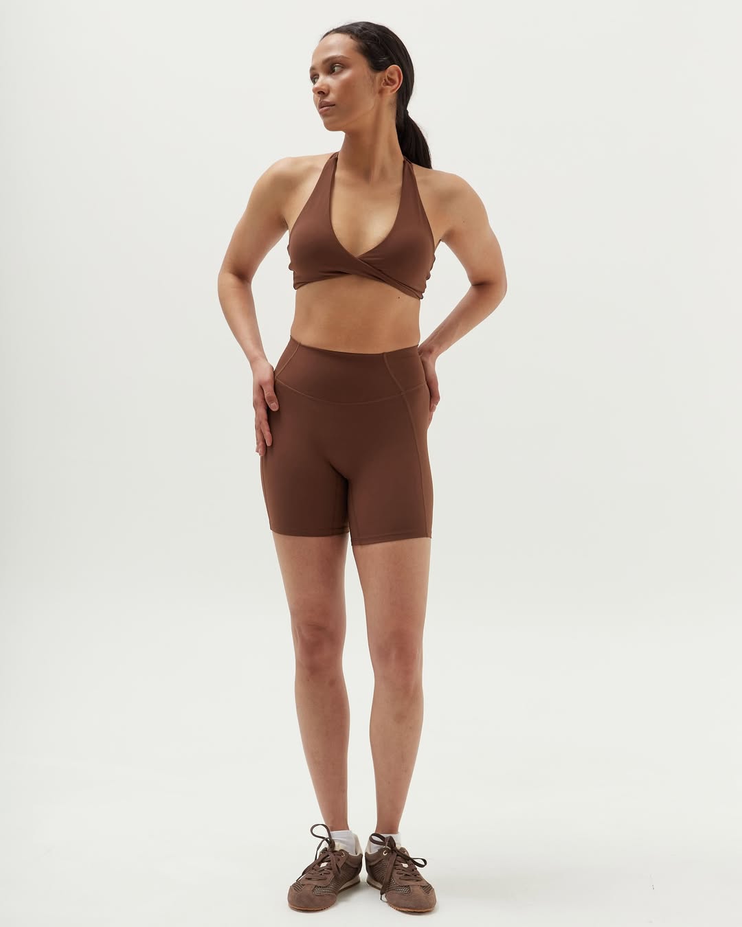 Pantera Halter Top & High-Waist Cycling Shorts in Brown