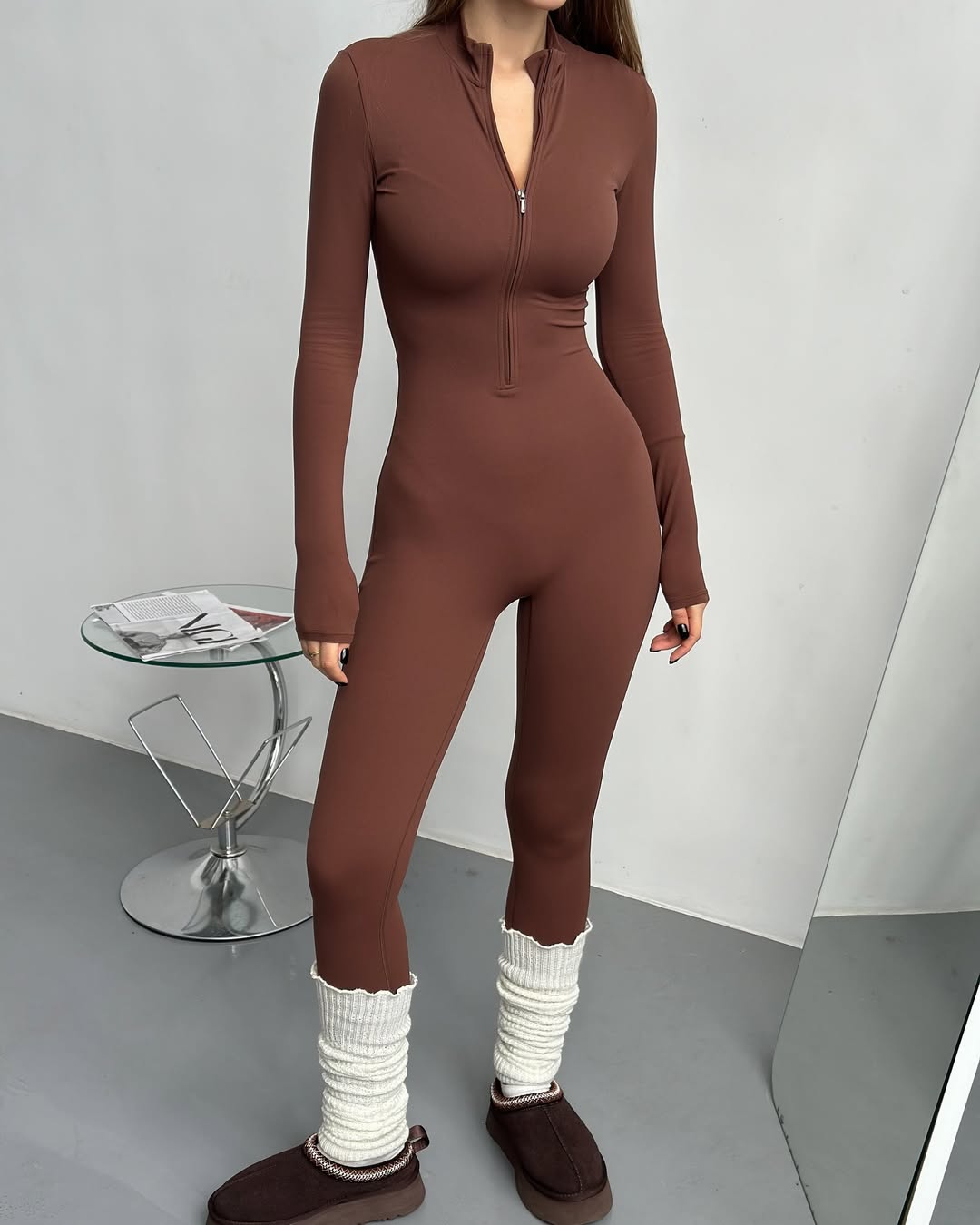 Pantera Zip-Front Long-Sleeve Jumpsuit in Brown