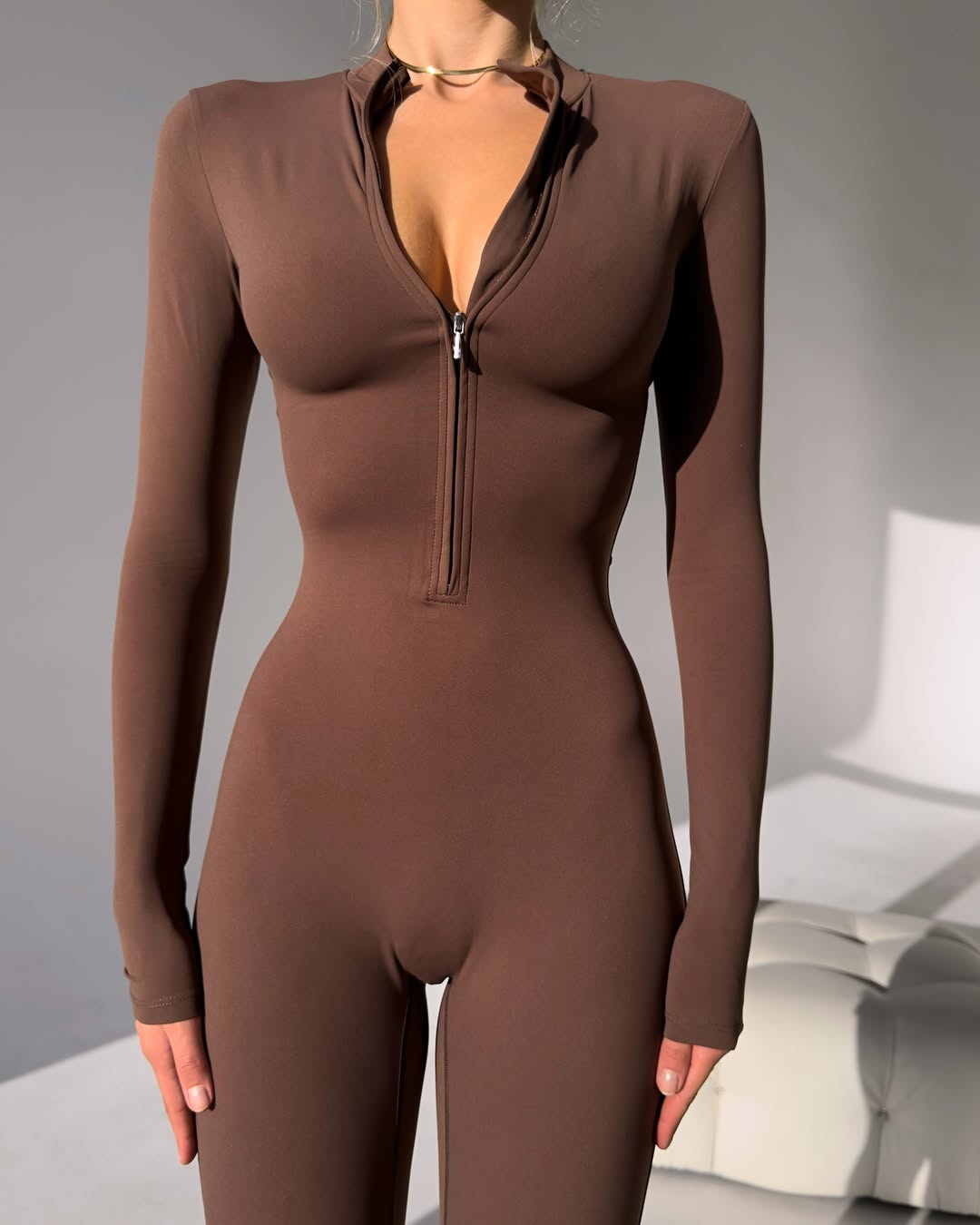 Nova Zip-Front Long-Sleeve Jumpsuit in Brown