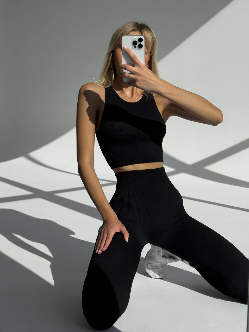 Seamless Ribbed Halter Crop Top in Black