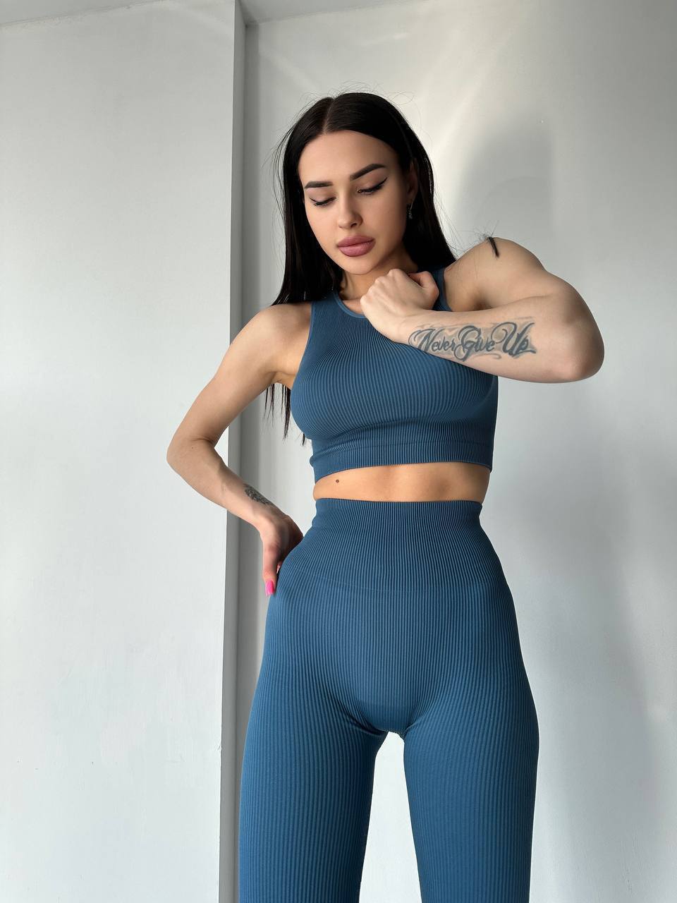 Seamless Ribbed Halter Crop Top in Slate Blue