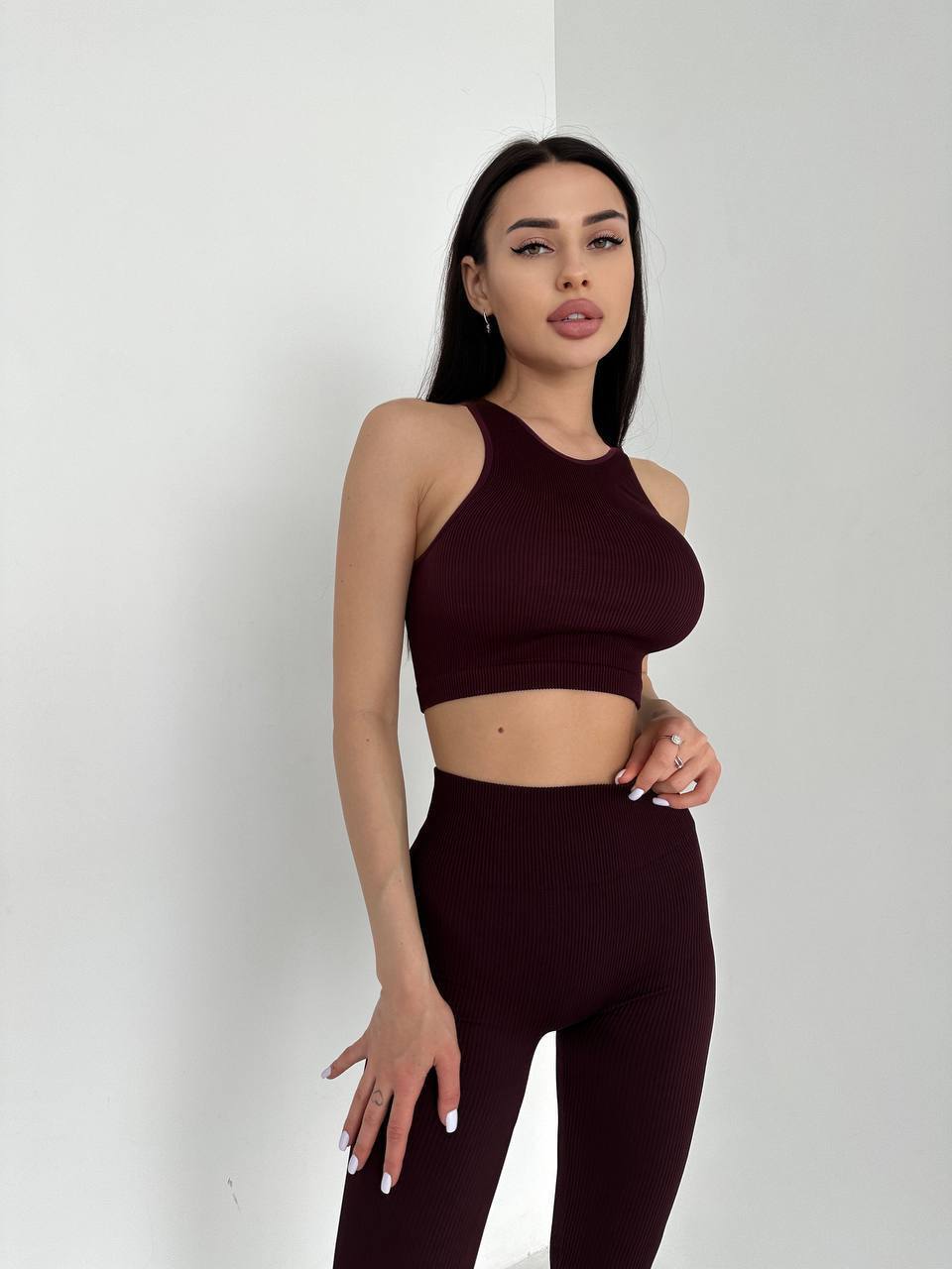 Seamless Ribbed Halter Crop Top in Maroon