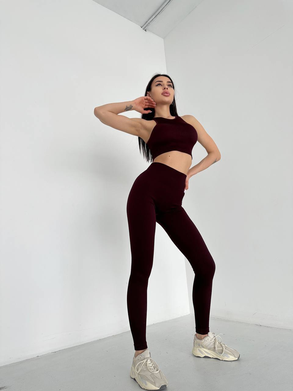 Seamless Ribbed Halter Crop Top in Maroon