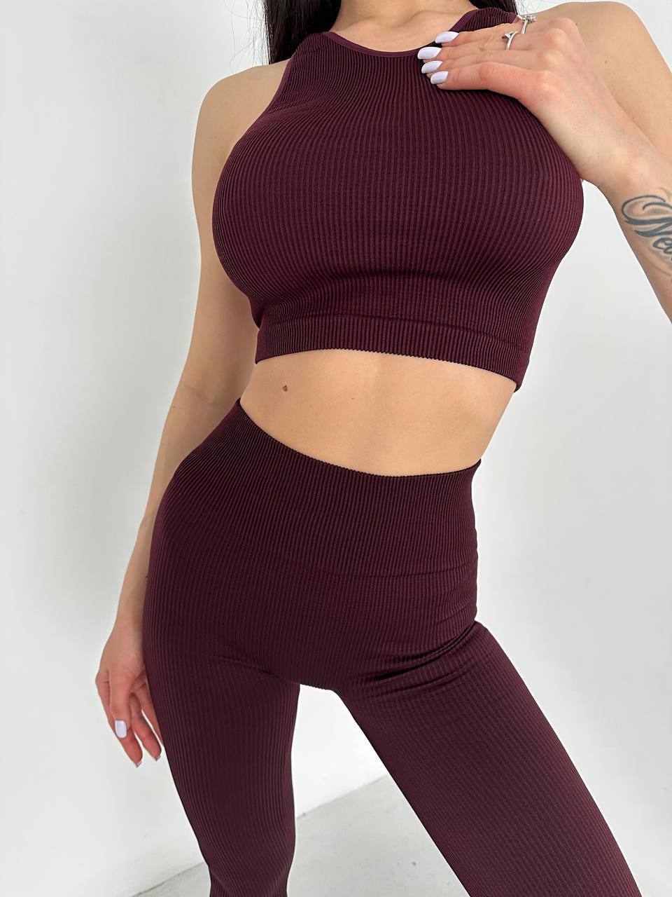 Seamless Ribbed Halter Crop Top in Maroon