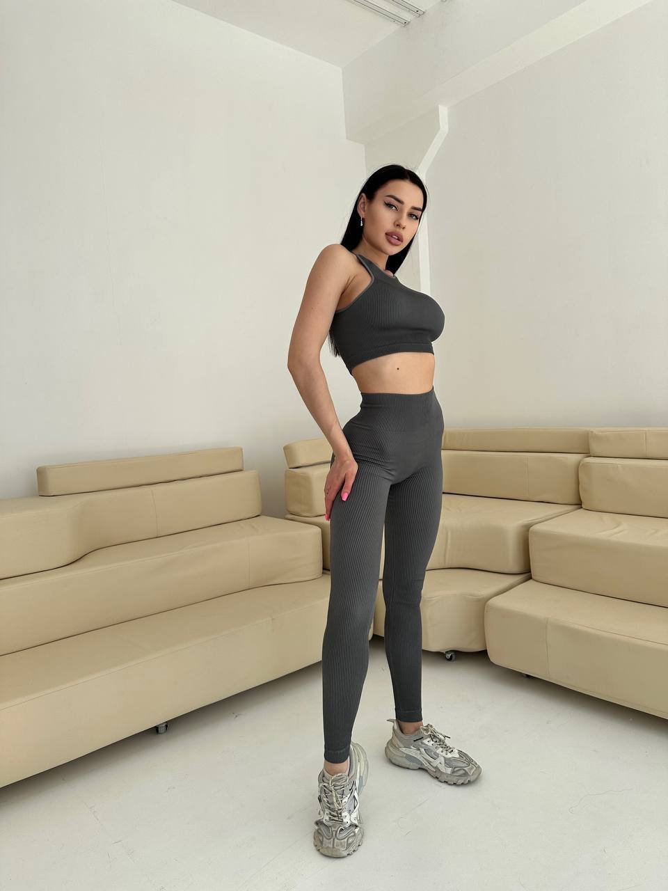 Seamless Ribbed Halter Crop Top in Dark Gray