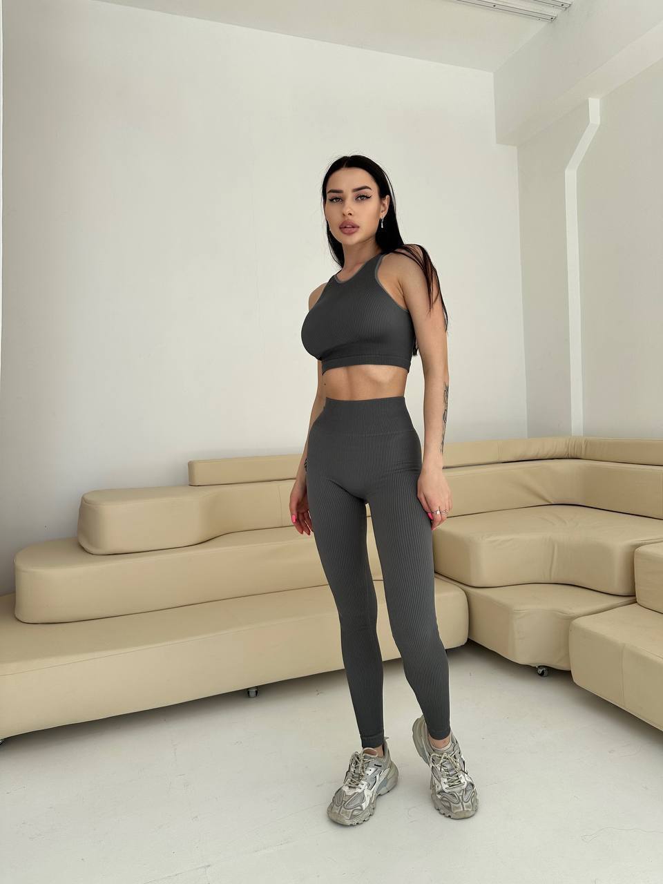 Seamless Ribbed Halter Crop Top in Dark Gray