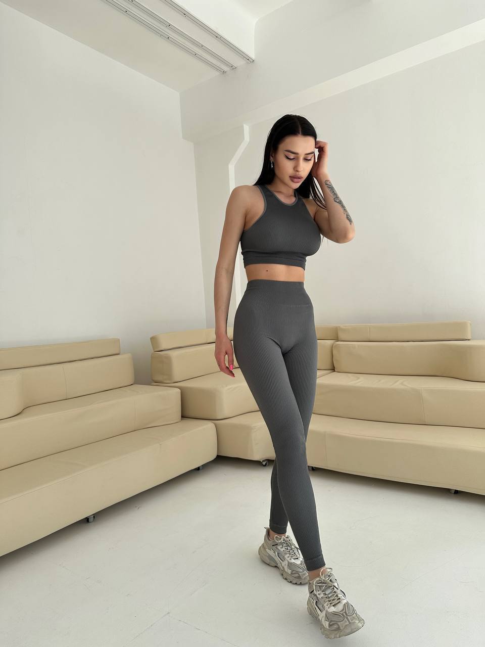 Seamless Ribbed Halter Crop Top in Dark Gray