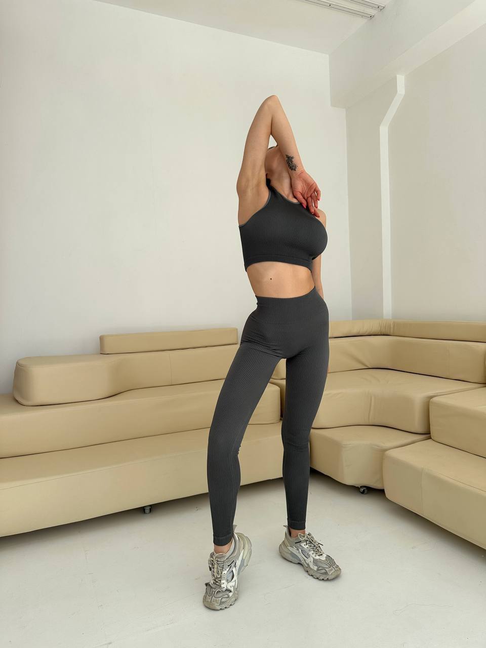 Seamless Ribbed Halter Crop Top in Dark Gray