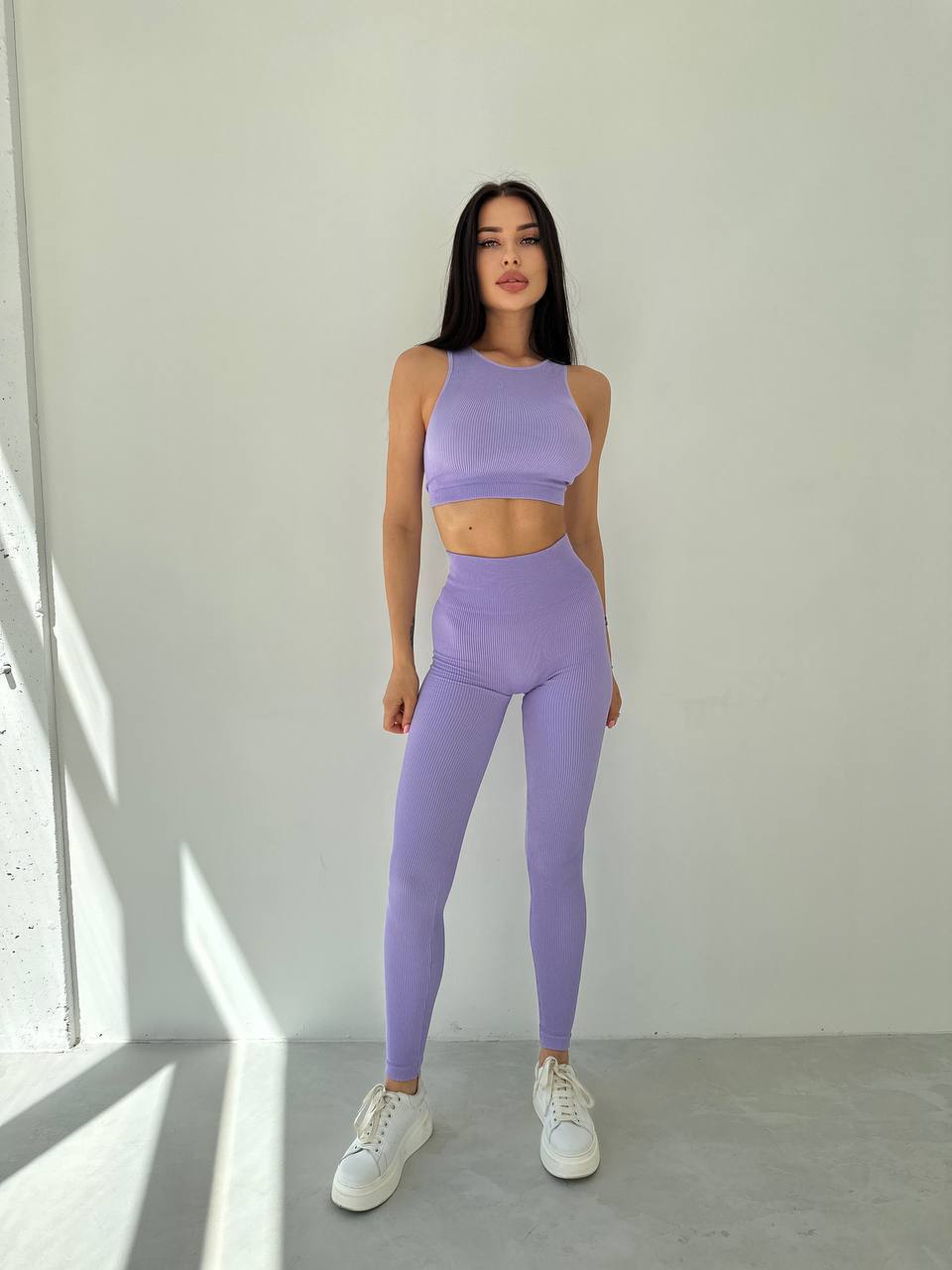 Seamless Ribbed Halter Crop Top in Light Purple