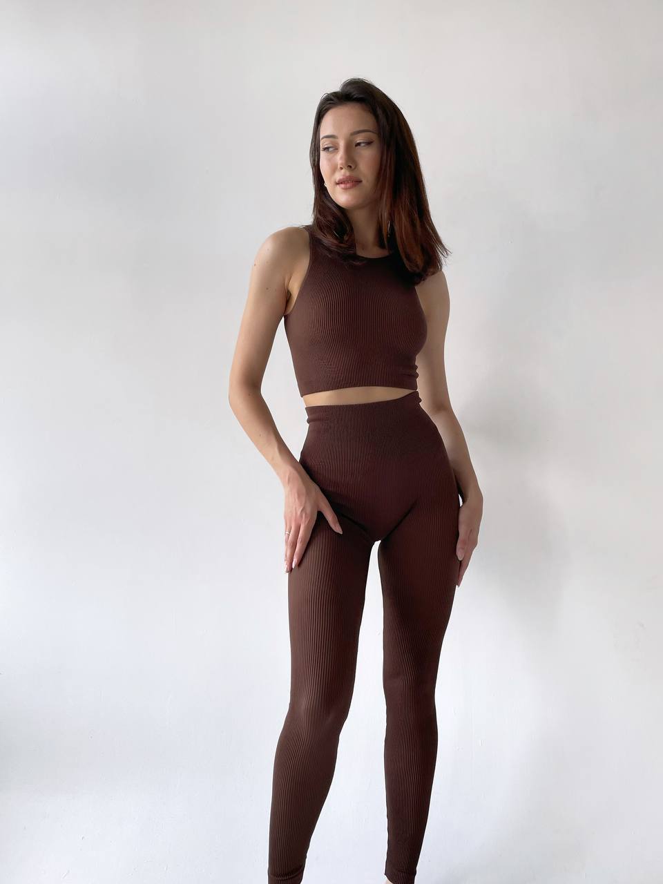 Seamless Ribbed Halter Crop Top in Chocolate