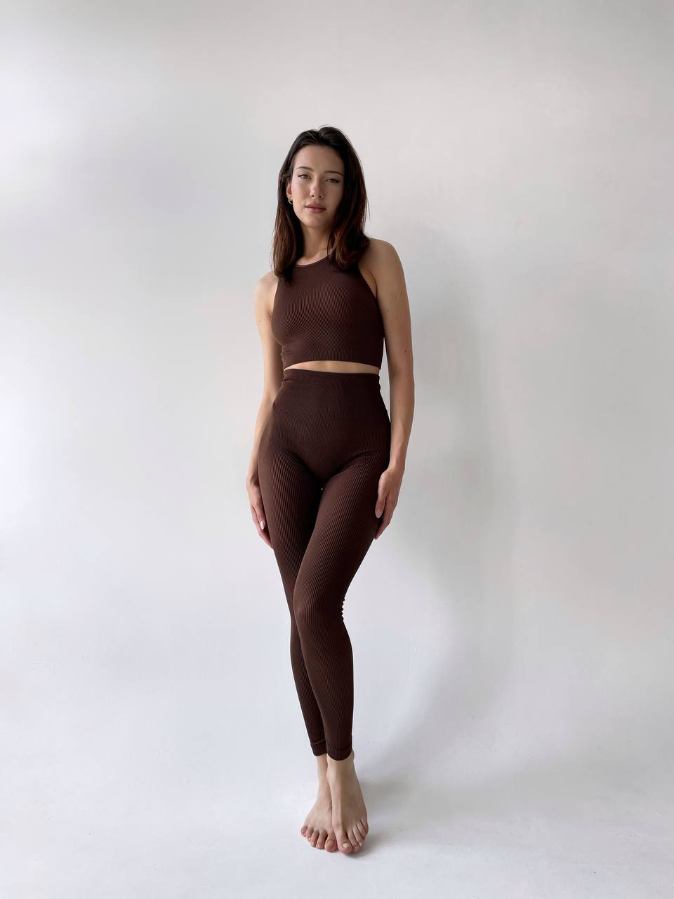 Seamless Ribbed Halter Crop Top in Chocolate
