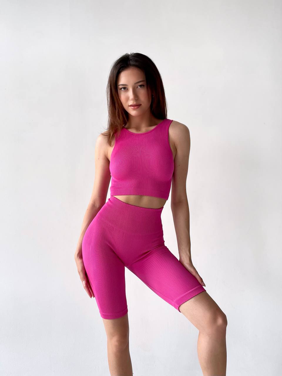 Seamless Ribbed Halter Crop Top in Fuchsia