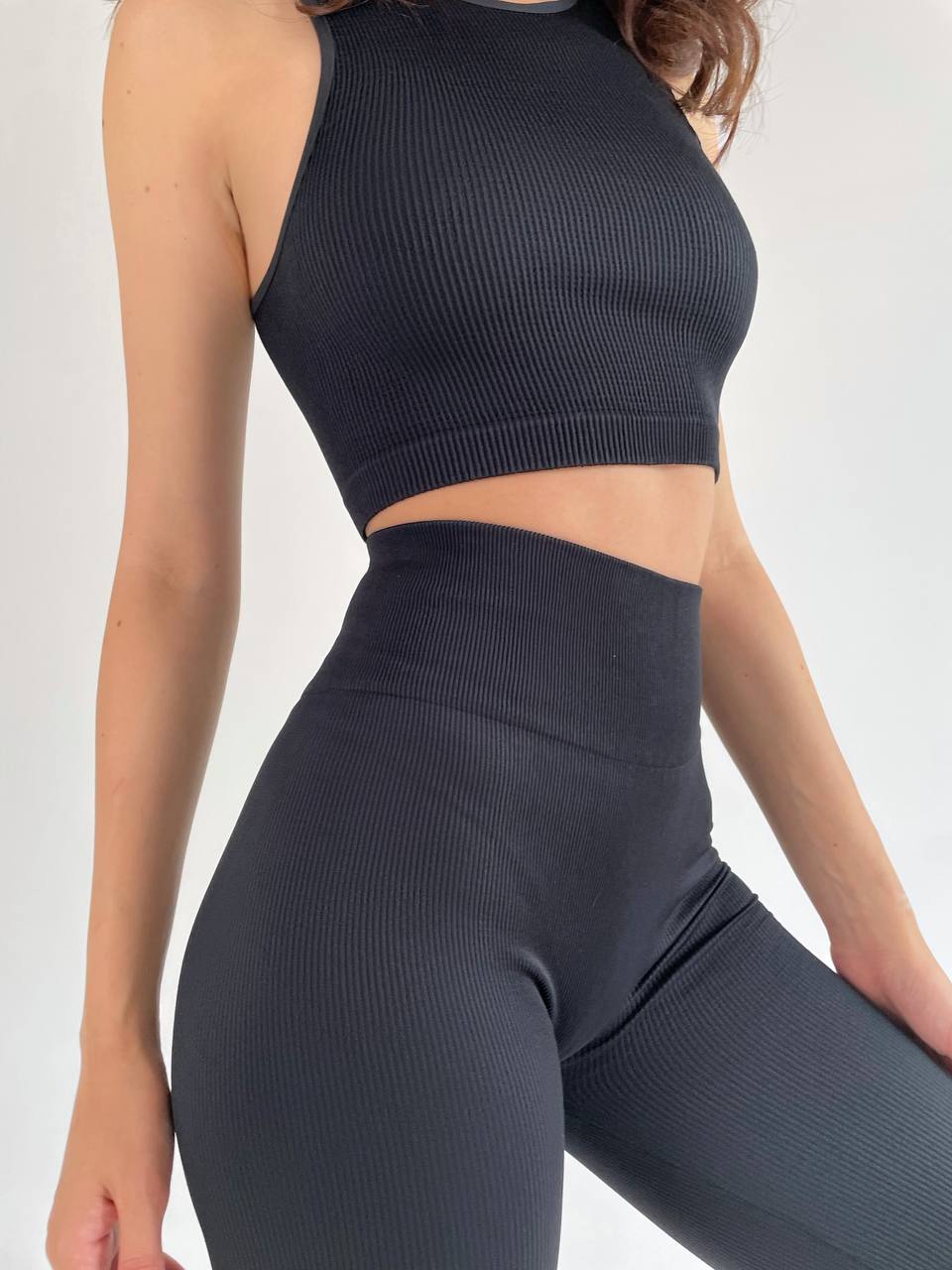 Seamless Ribbed Halter Crop Top in Black