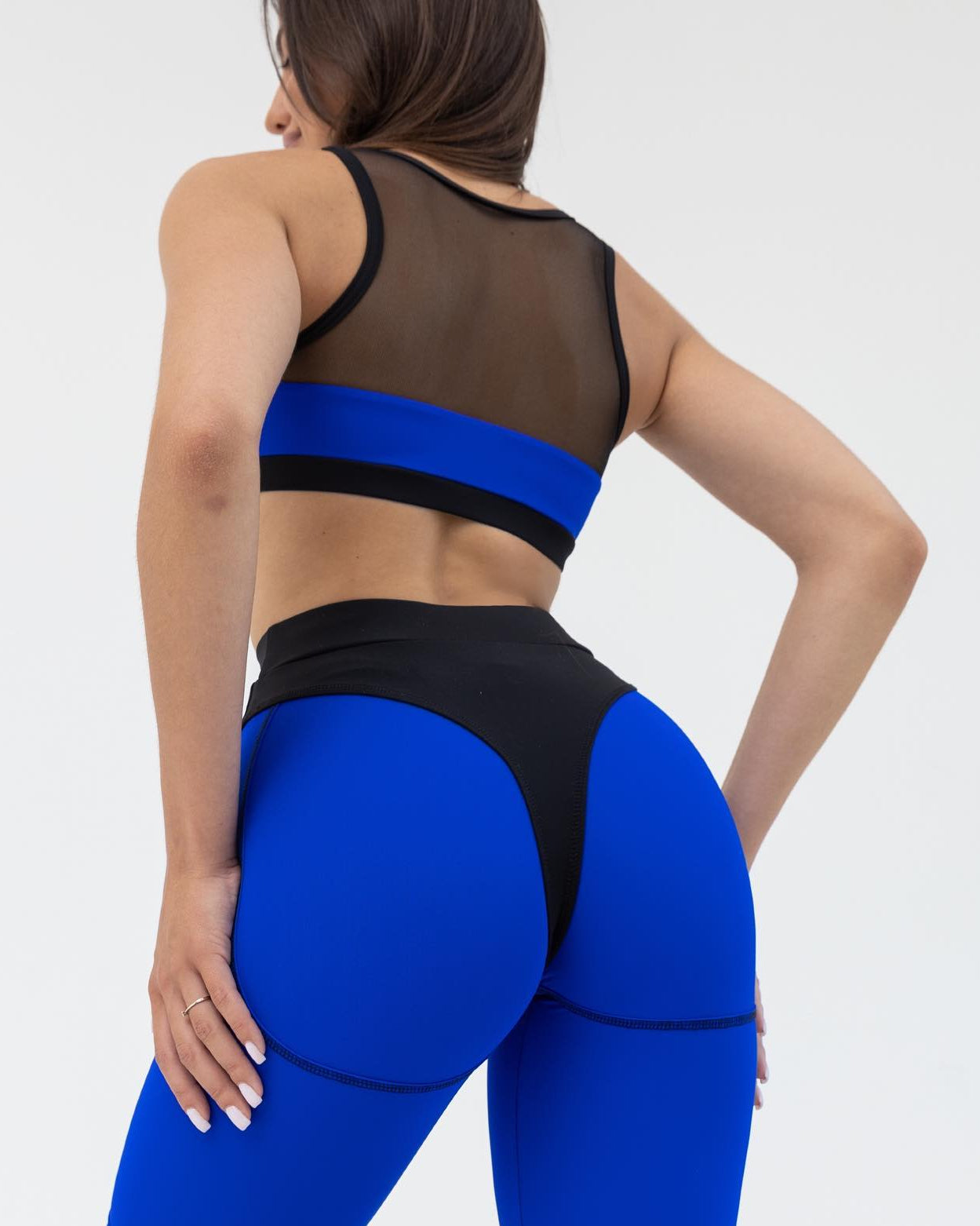 GalaxyX Mesh Insert Sports Bra & Push Up Contrast Contour Seam Leggings in Electric Blue