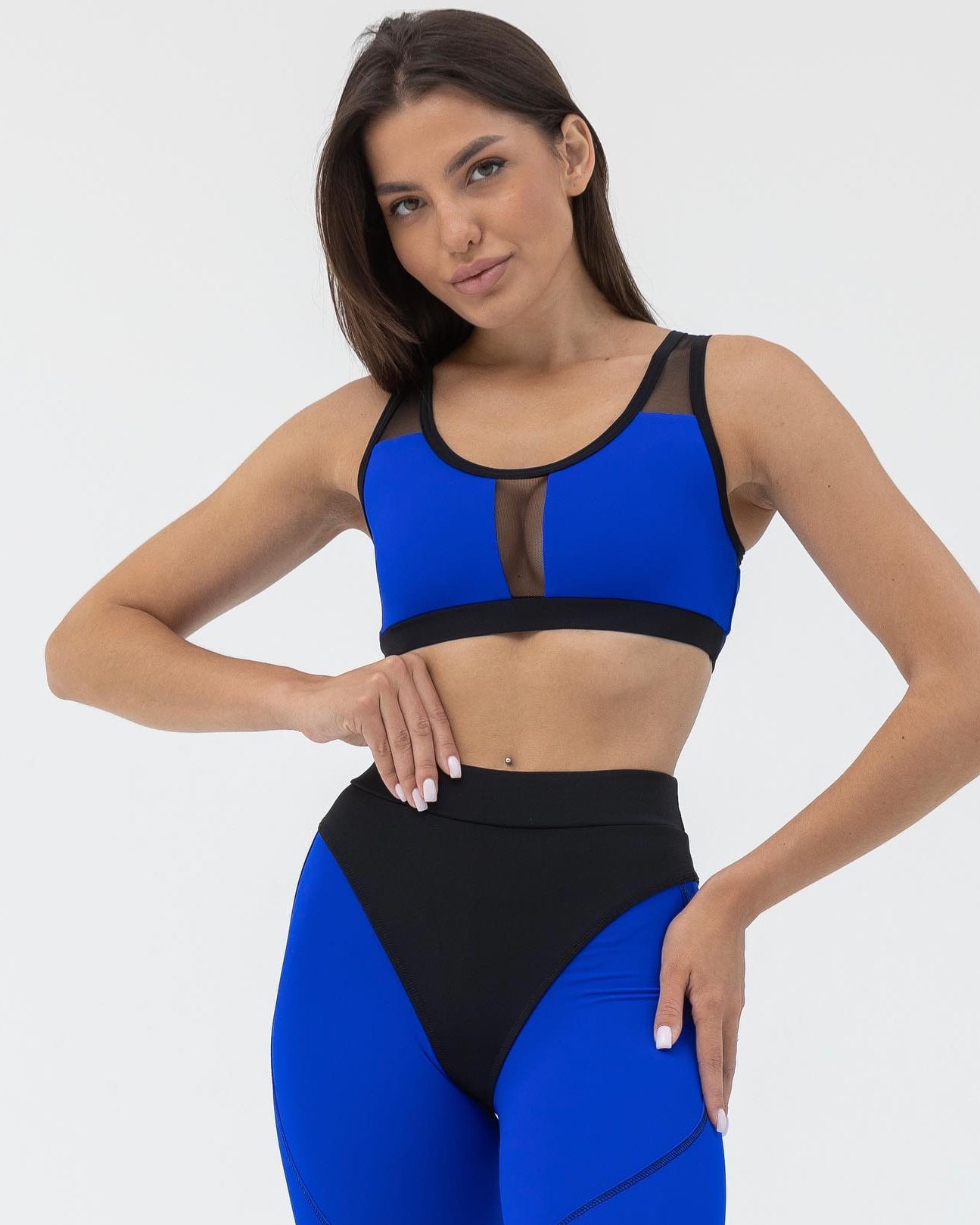 GalaxyX Mesh Insert Sports Bra & Push Up Contrast Contour Seam Leggings in Electric Blue
