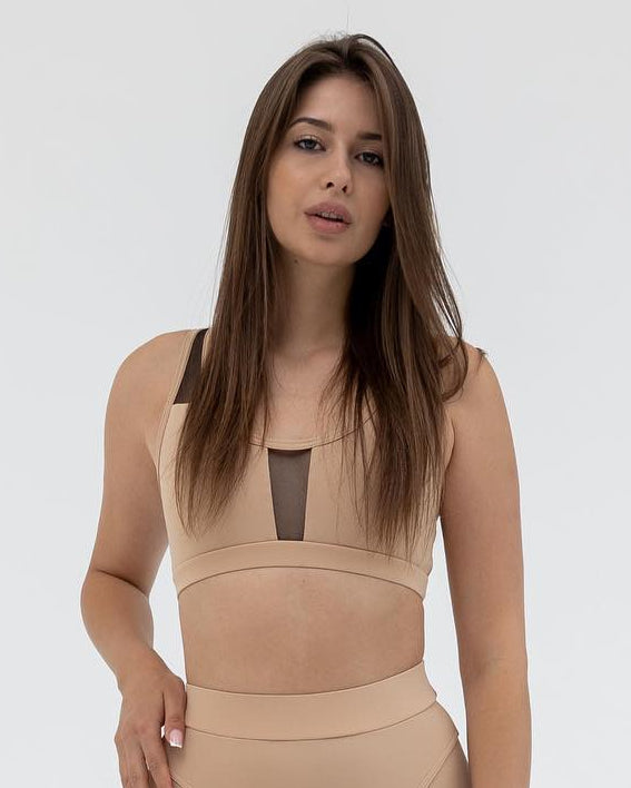 GalaxyX Mesh Insert Sports Bra in Beige & Push Up Contour Seam Bike Shorts in Beige