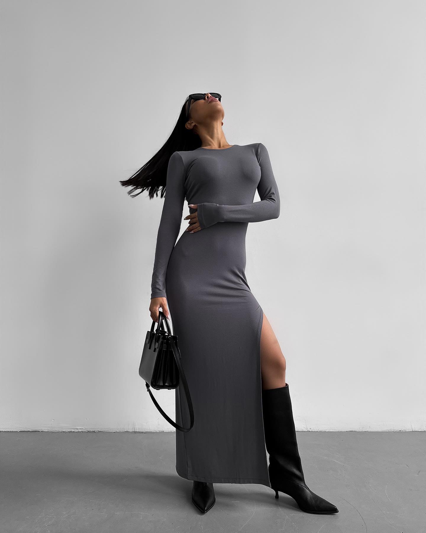 Long Sleeve Thigh Split Bodycon Midi Dress in Dark Gray Gray / XS Long Sleeve Thigh Split Bodycon Midi Dress in Dark Gray Gray / XS