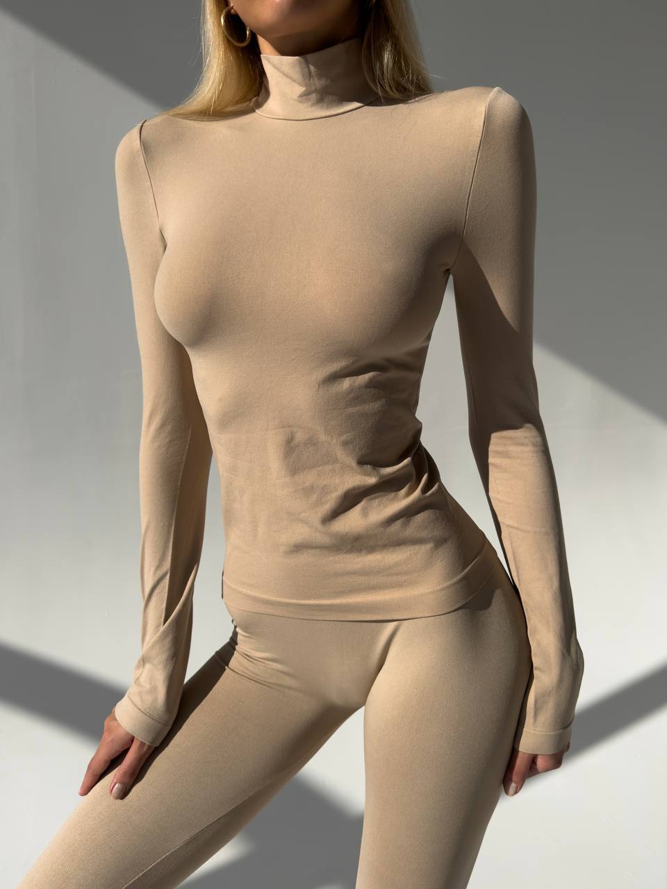 Seamless Turtleneck Long Sleeve Top in Beige