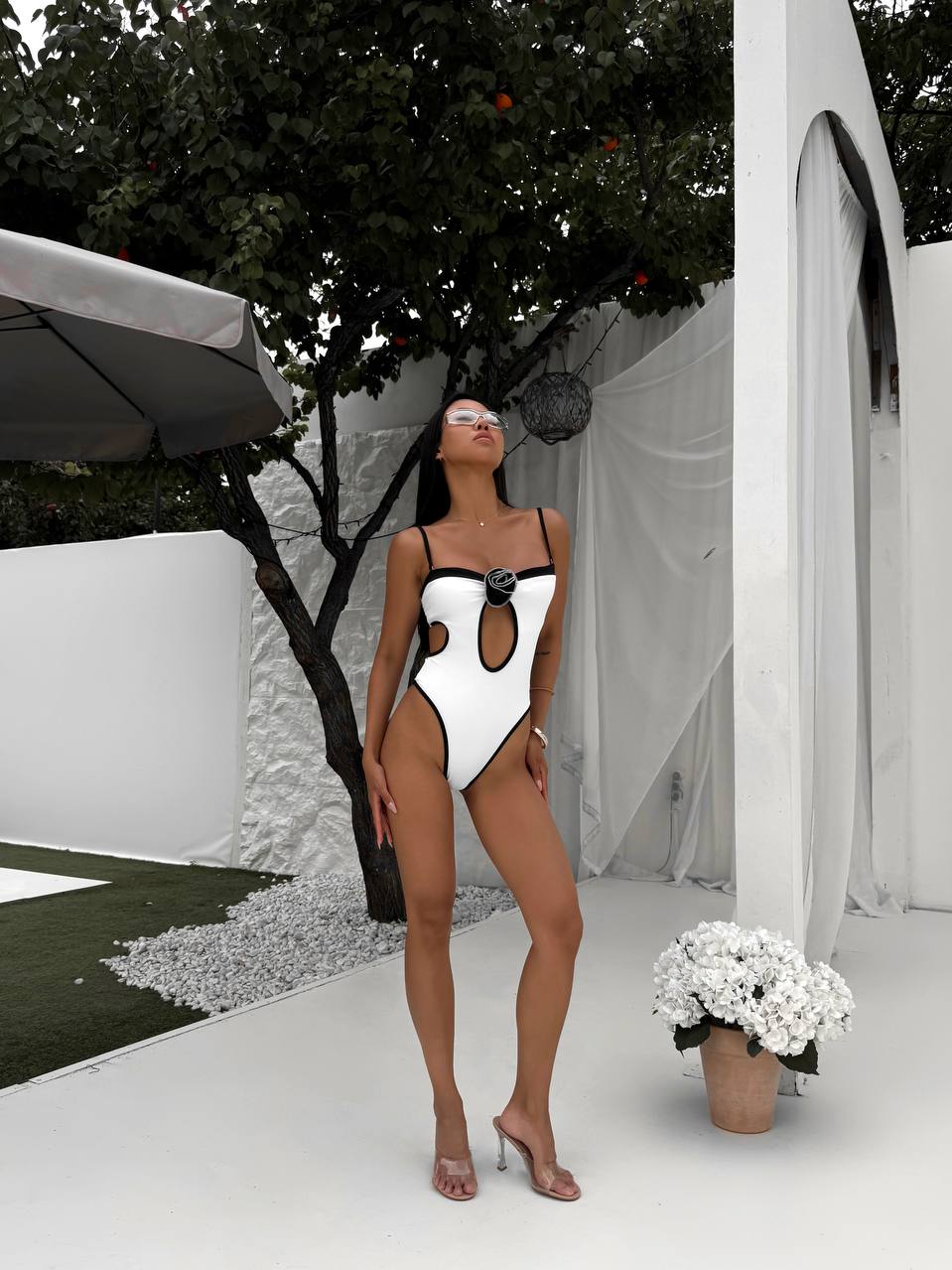 Montego Cut Out Flower Detail Contrast One Piece in White