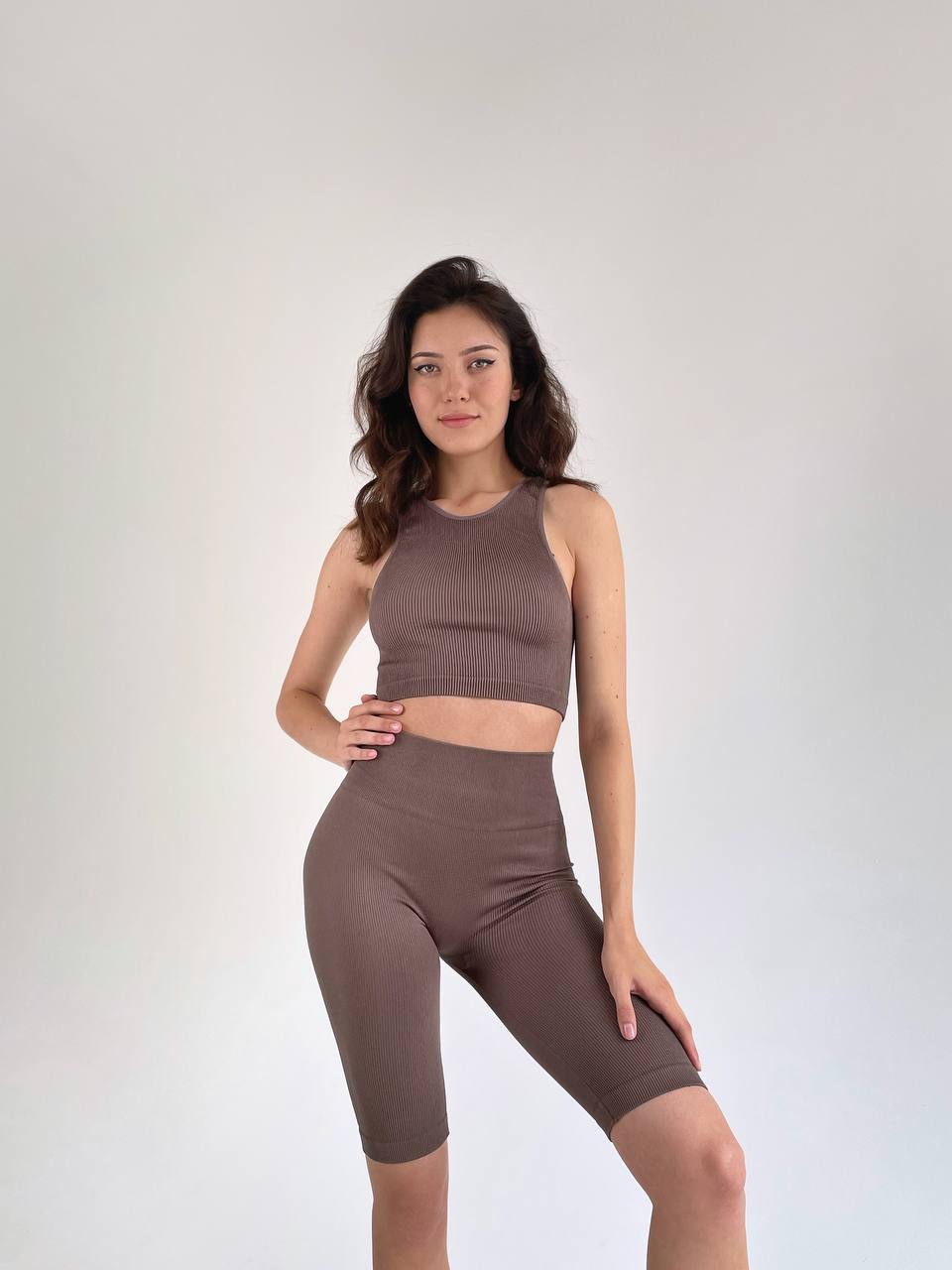 Ribbed Activewear Set: Top & Shorts in Brown