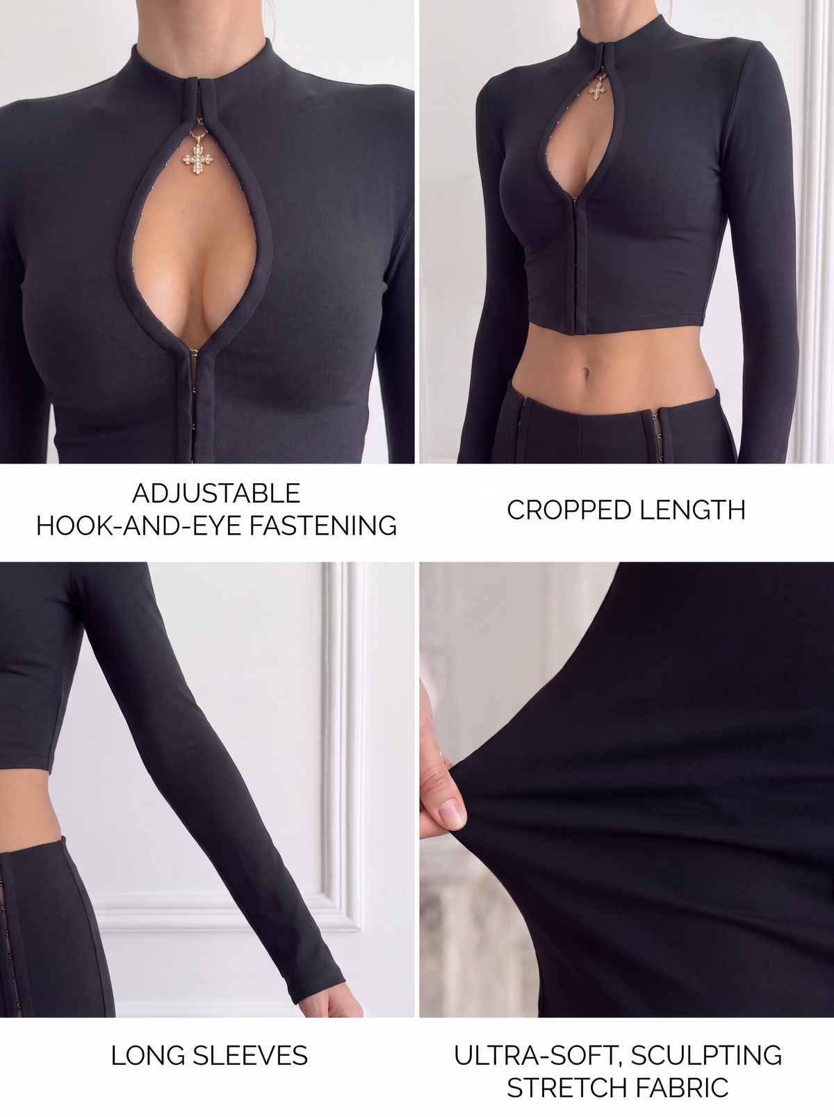 Tokyo Hook and Eye Long Sleeve Crop Top in Black
