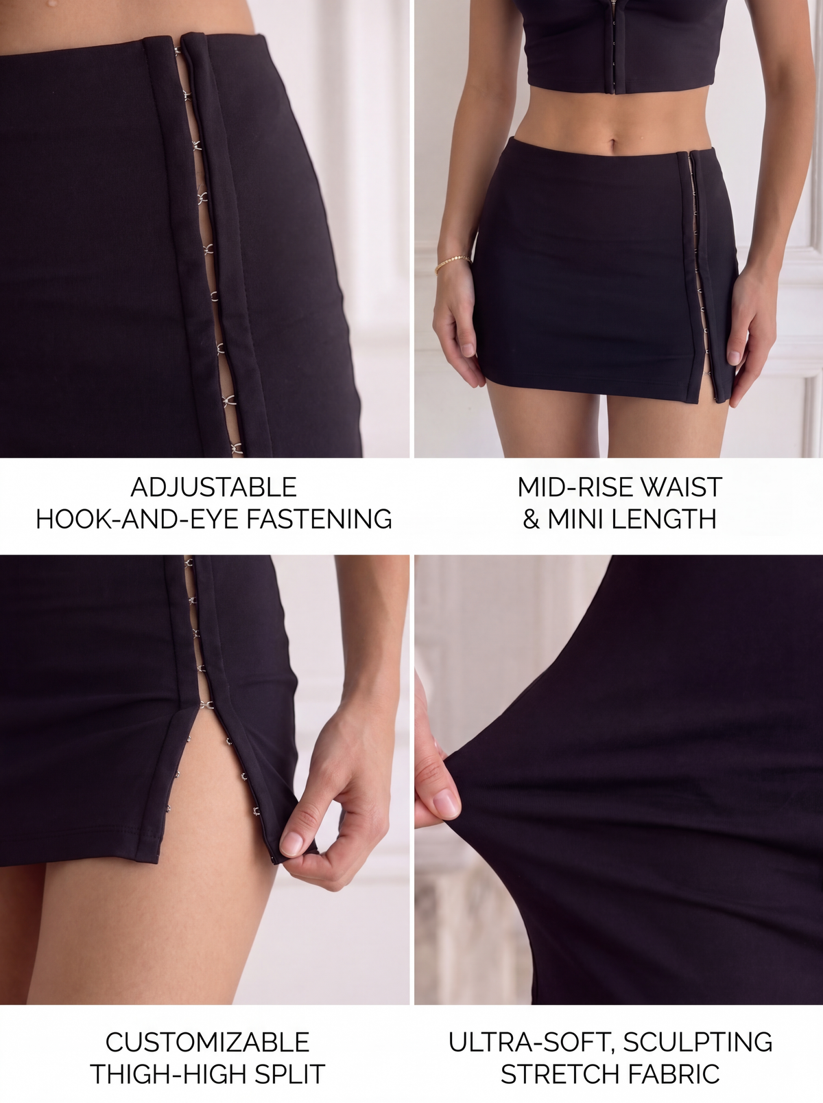 Tokyo Hook and Eye Side Split Mini Skirt in Black
