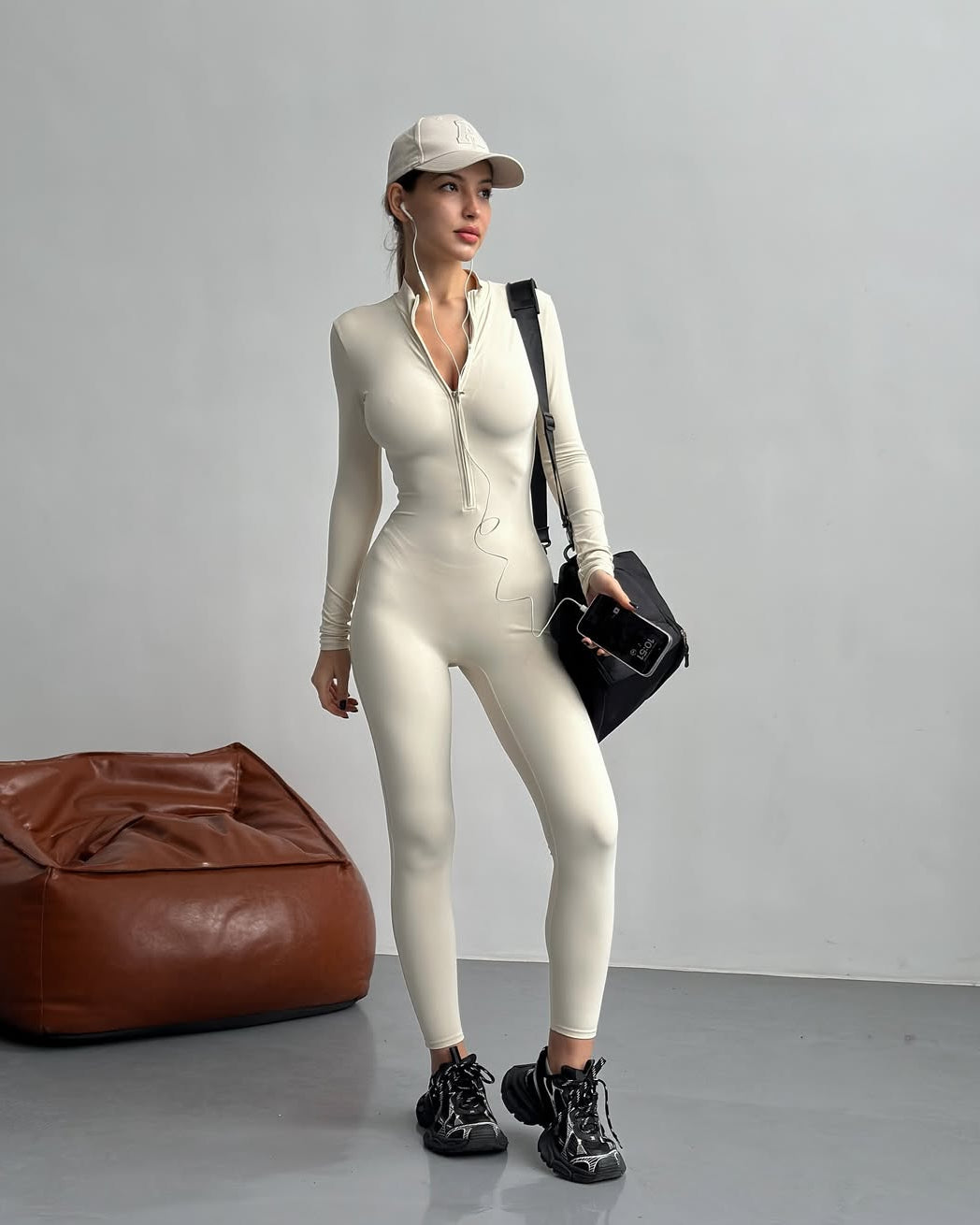 Nova Zip-Front Long-Sleeve Jumpsuit in Ivory