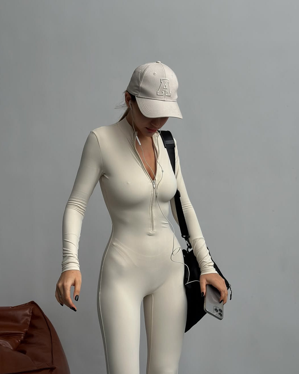 Nova Zip-Front Long-Sleeve Jumpsuit in Ivory