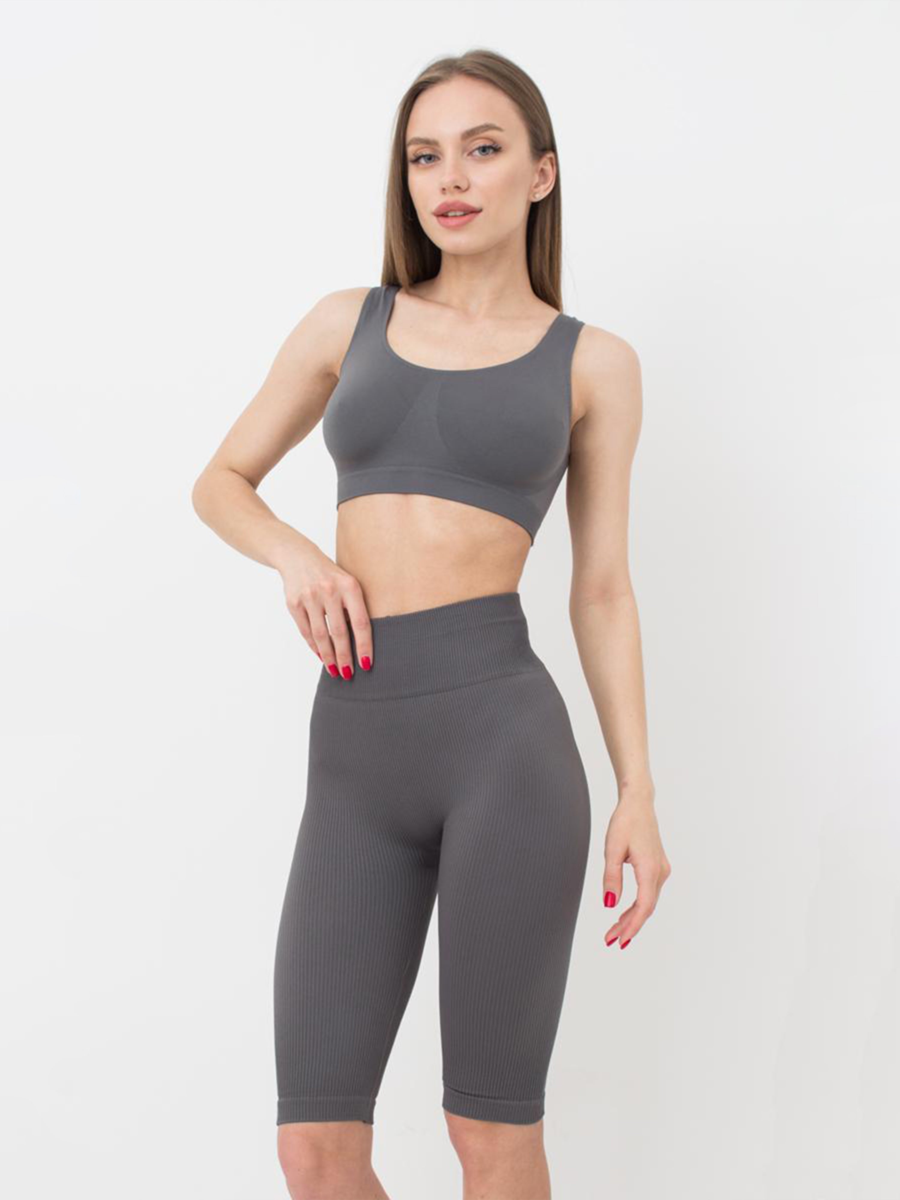 Seamless Ribbed Above Knee Bike Shorts in Dark Gray