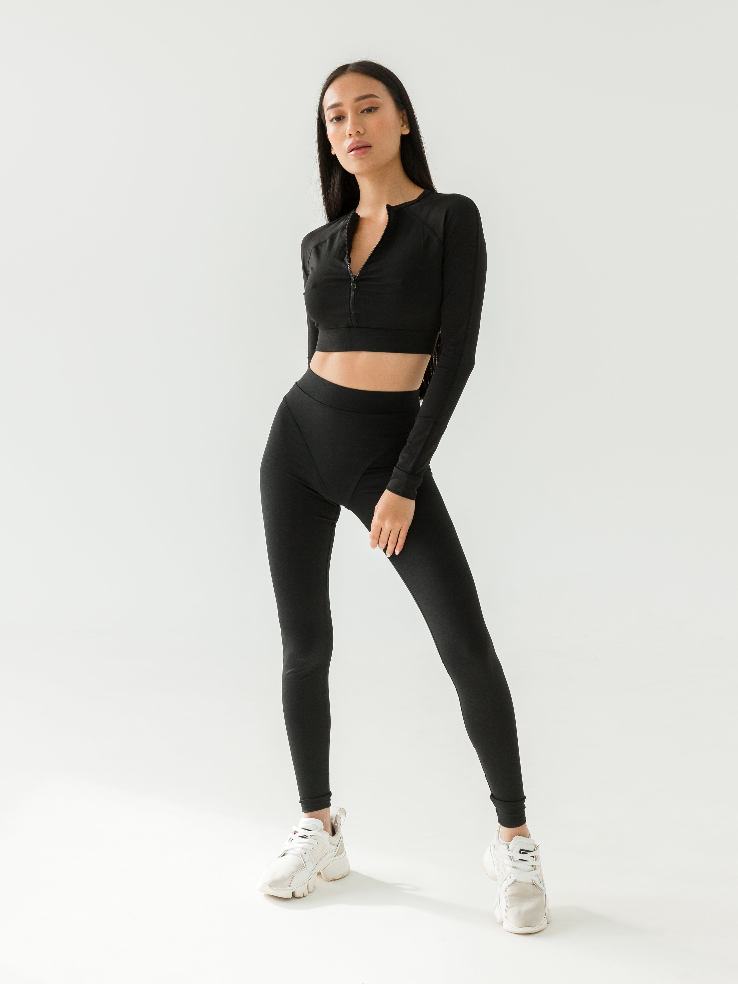 Galaxy Zip Raglan Long Sleeve Cropped Top in Black