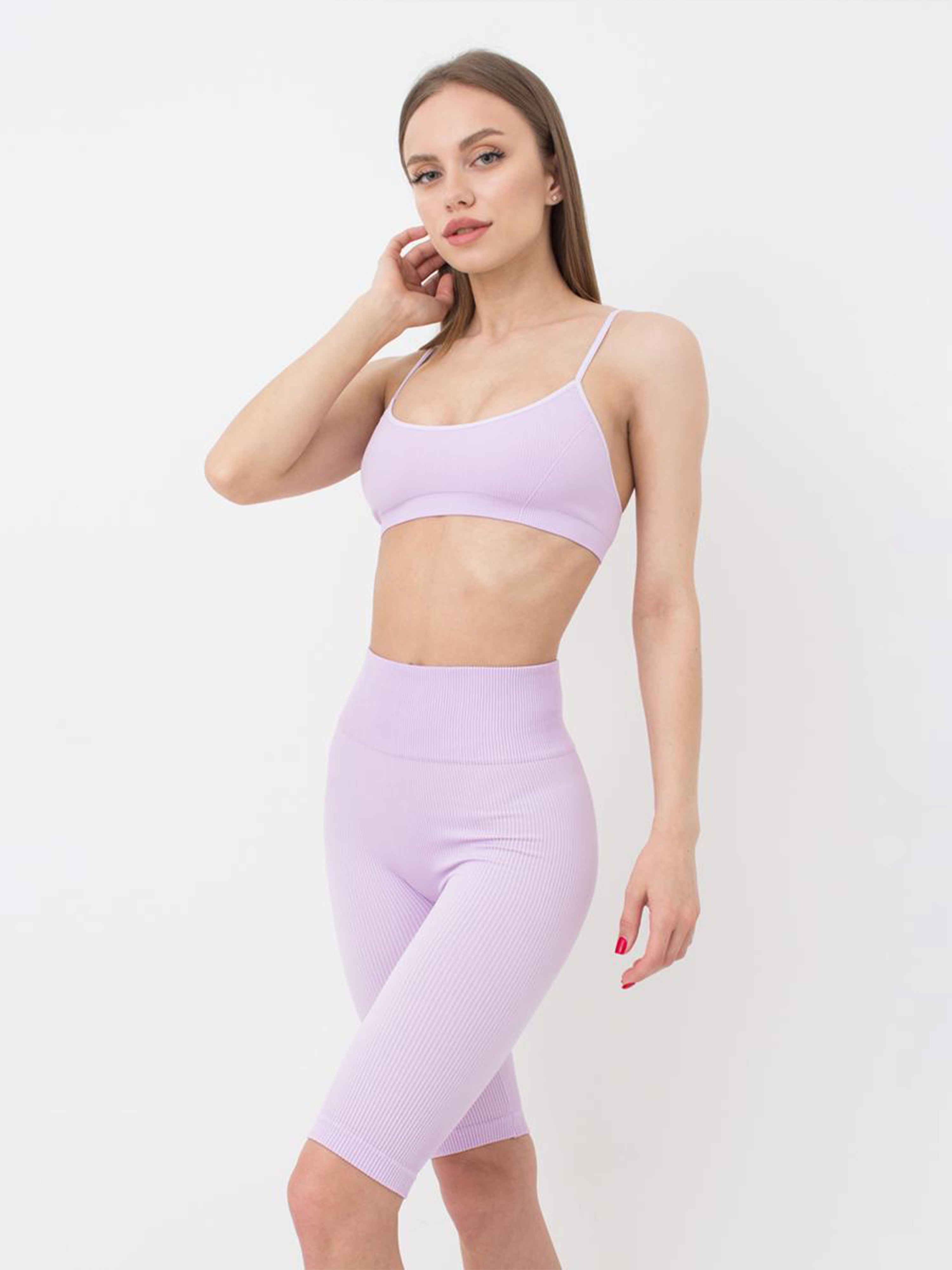 Seamless Ribbed Above Knee Bike Shorts in Light Purple