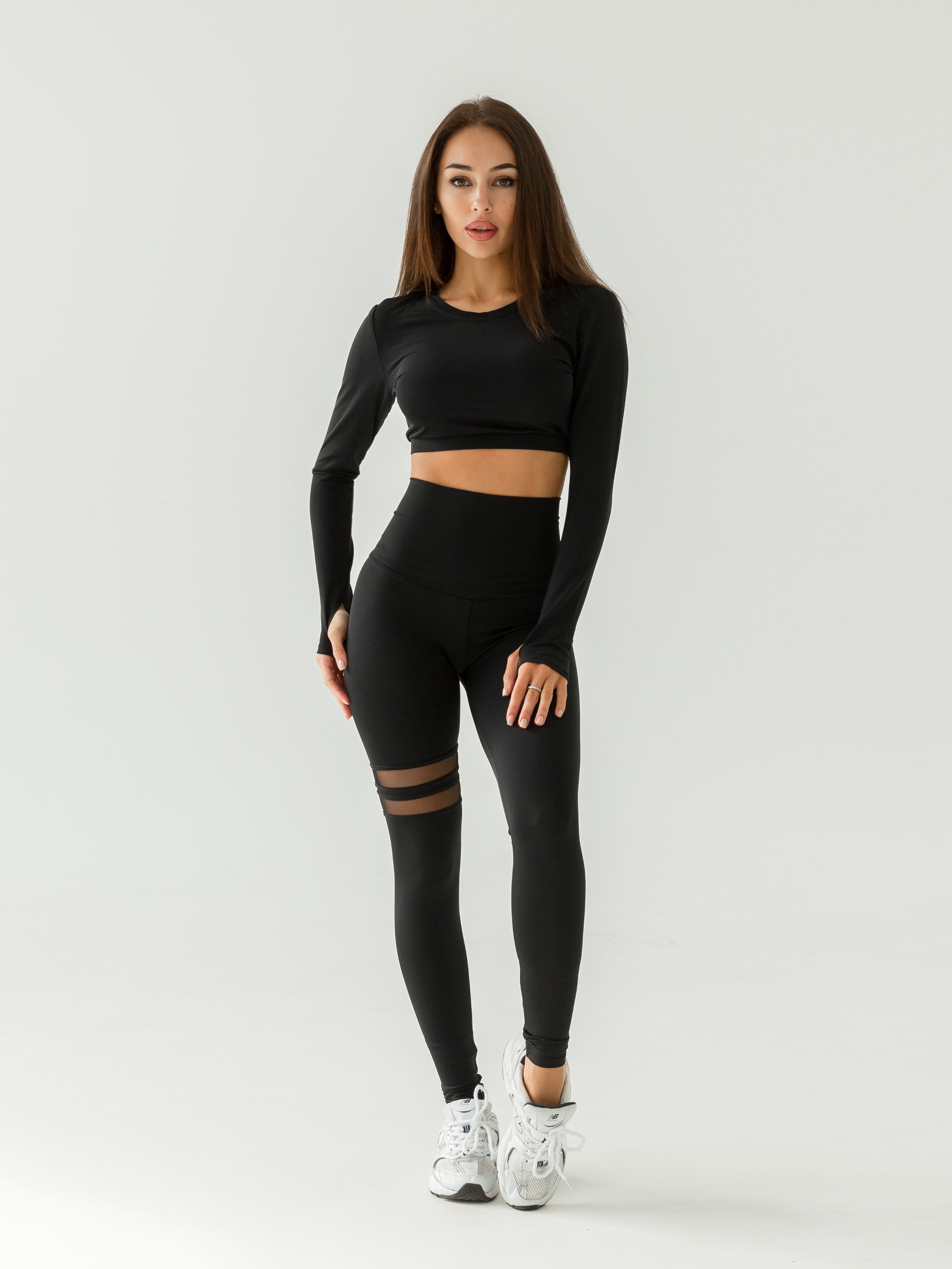 Galaxy Long Sleeve Thumbhole Cropped Top in Black