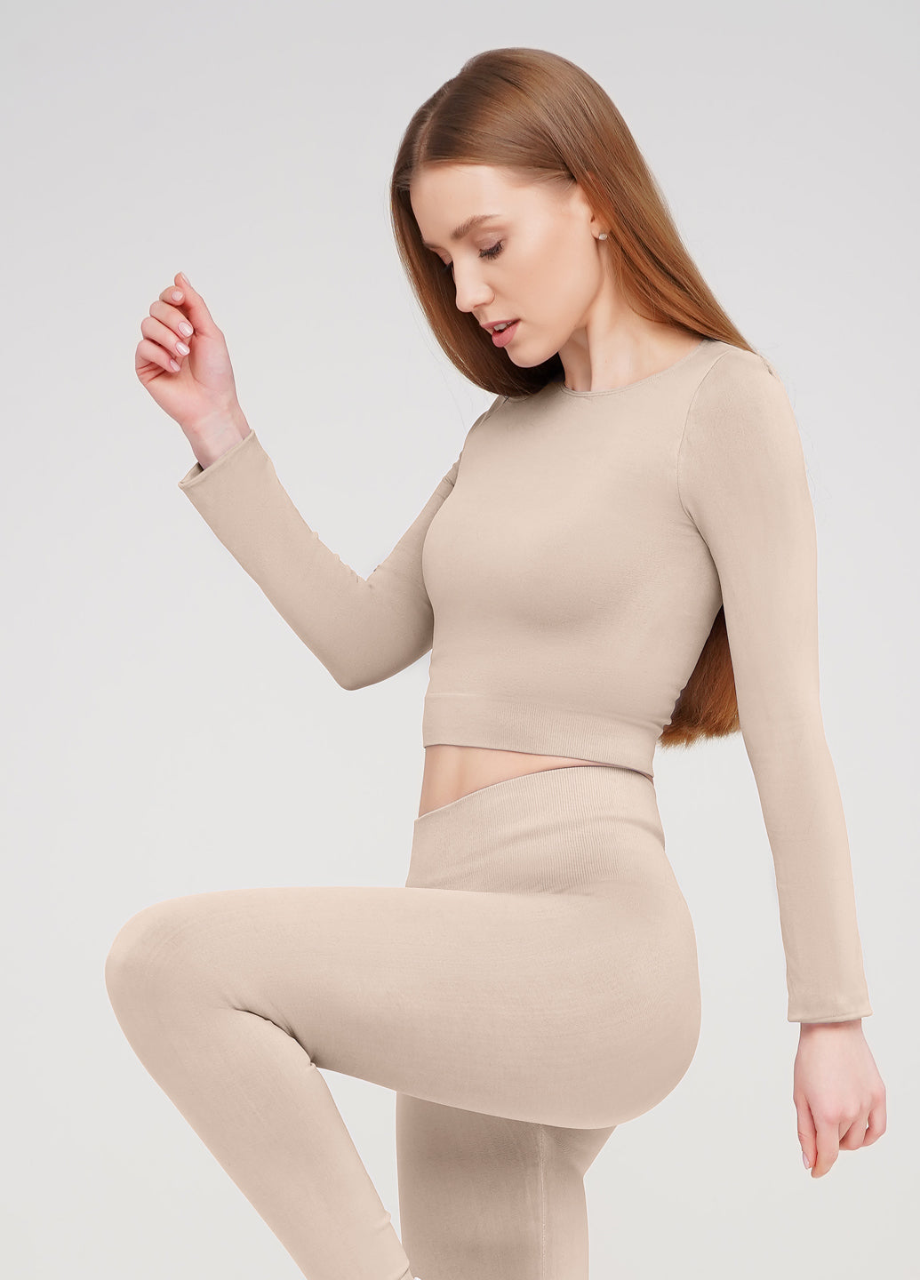 Seamless Cropped Long Sleeve Top in Beige