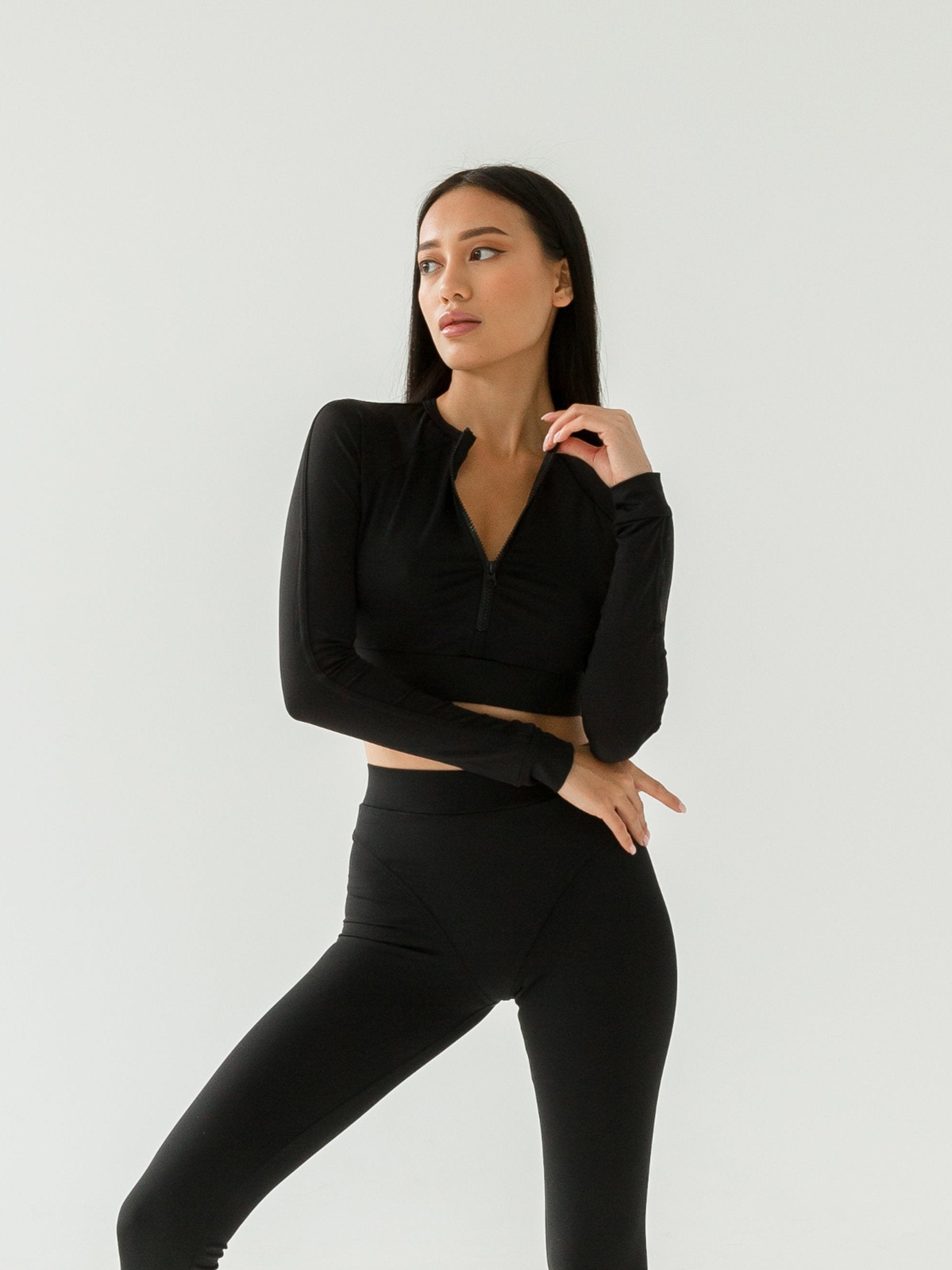 Galaxy Zip Raglan Long Sleeve Cropped Top in Black