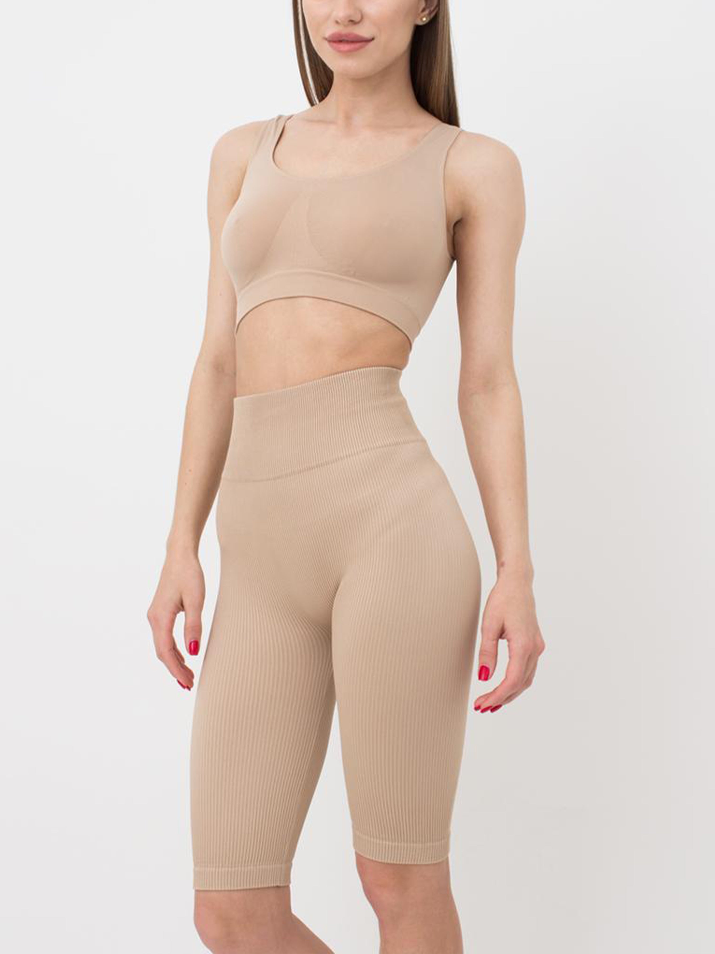 Seamless Ribbed Above Knee Bike Shorts in Beige