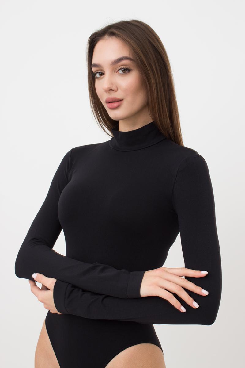 Seamless Turtleneck Long Sleeve Bodysuit in Black