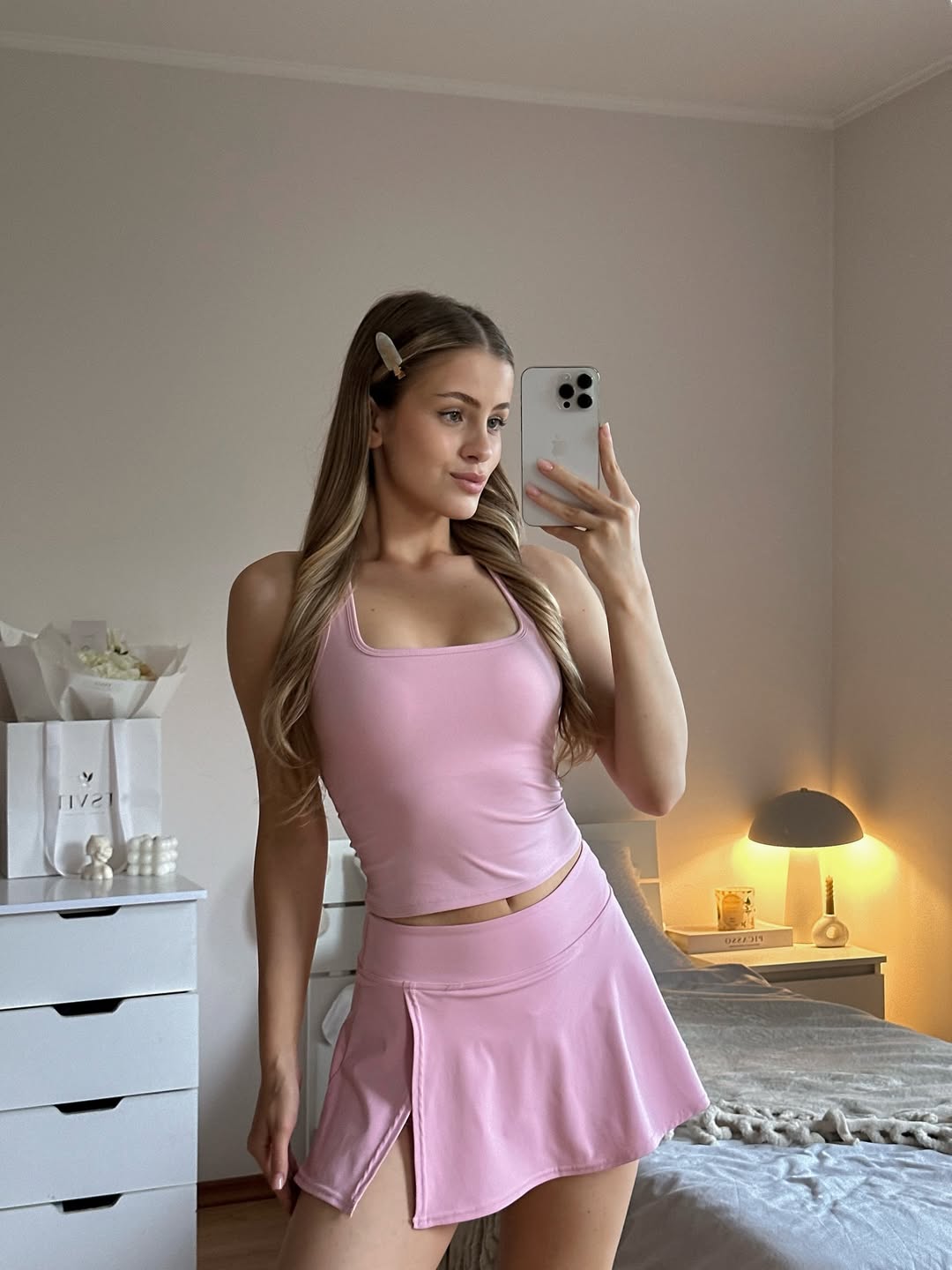 Pantera Square-Neck Tank Top & High-Waist Sports Skort in Baby Pink