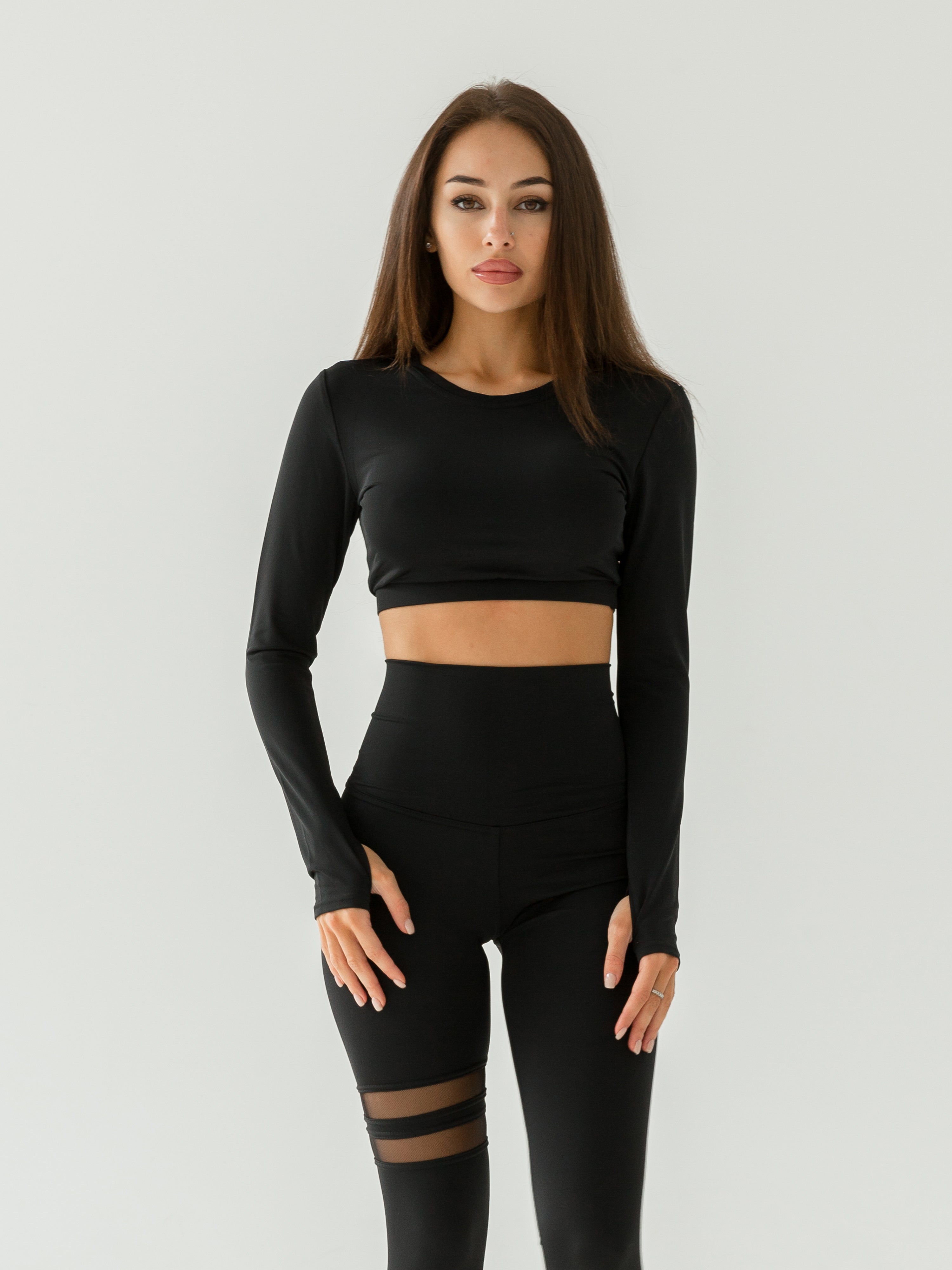 Galaxy Long Sleeve Thumbhole Cropped Top in Black