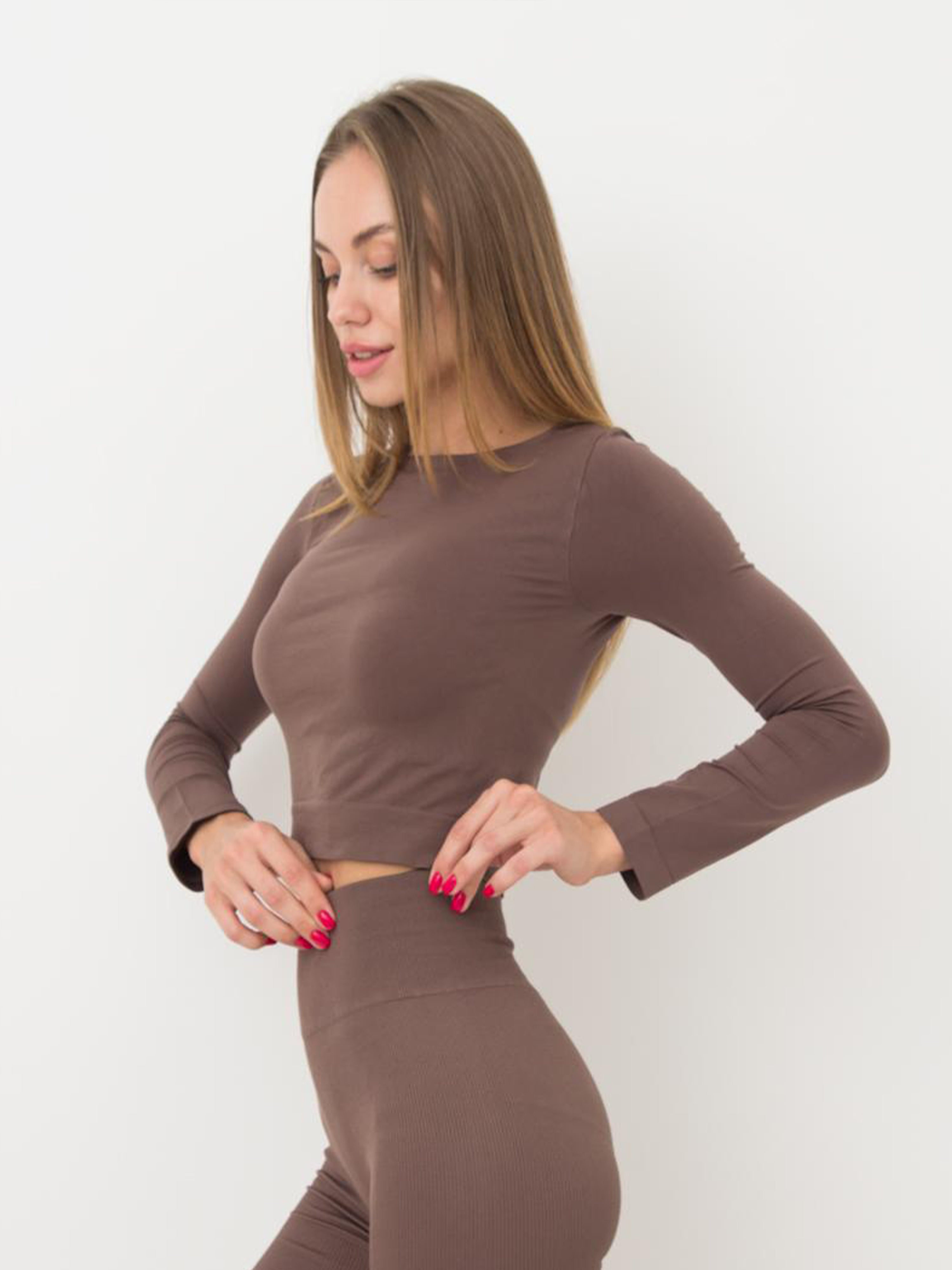 Seamless Cropped Long Sleeve Top in Brown